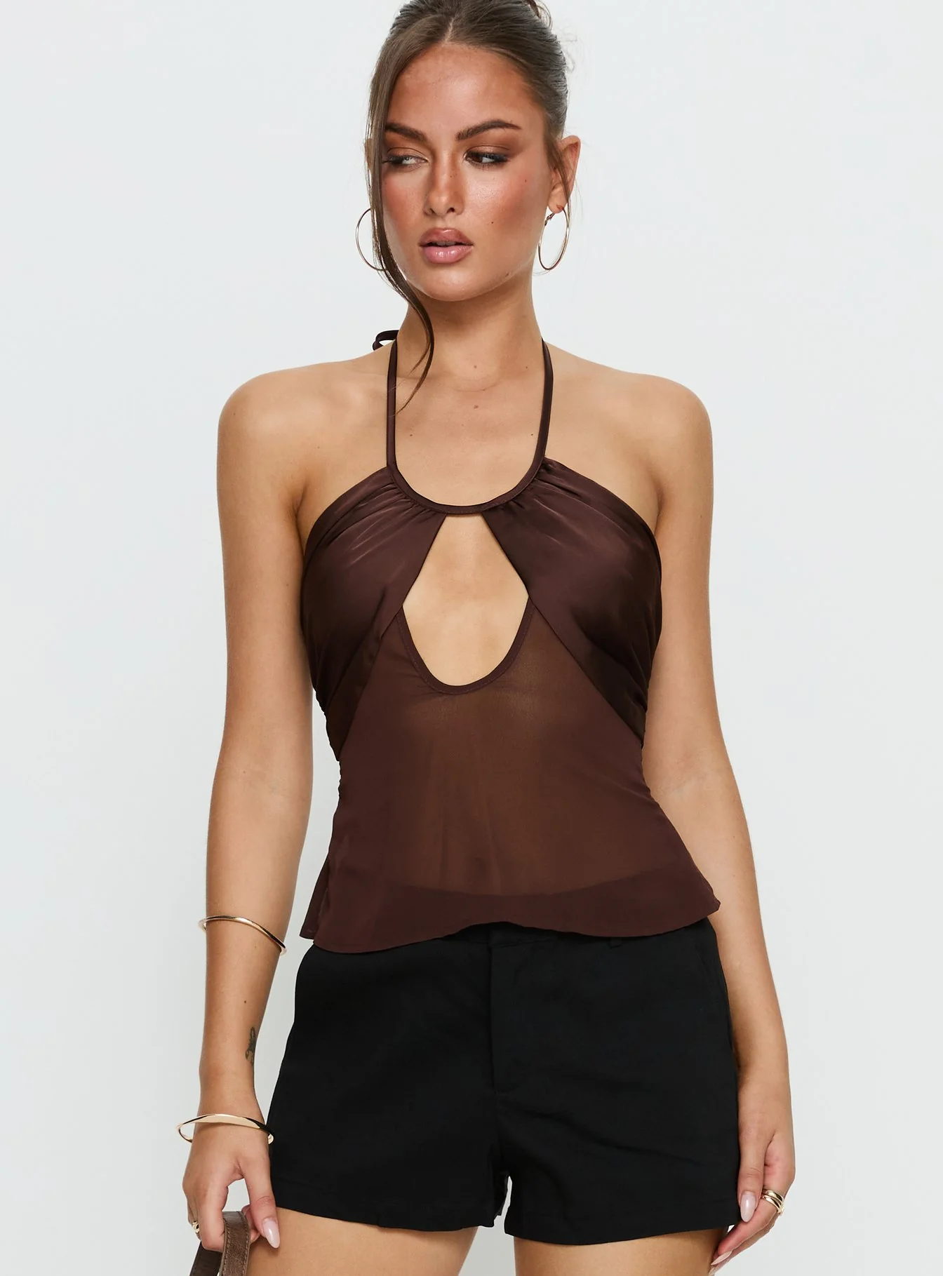 Whisperer Halter Chiffon Top Brown