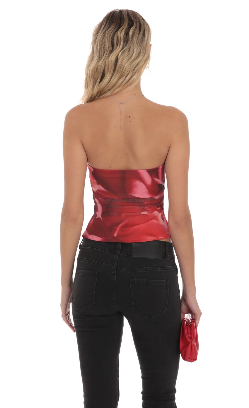 Mesh Rose Ruched Tube Top in Red