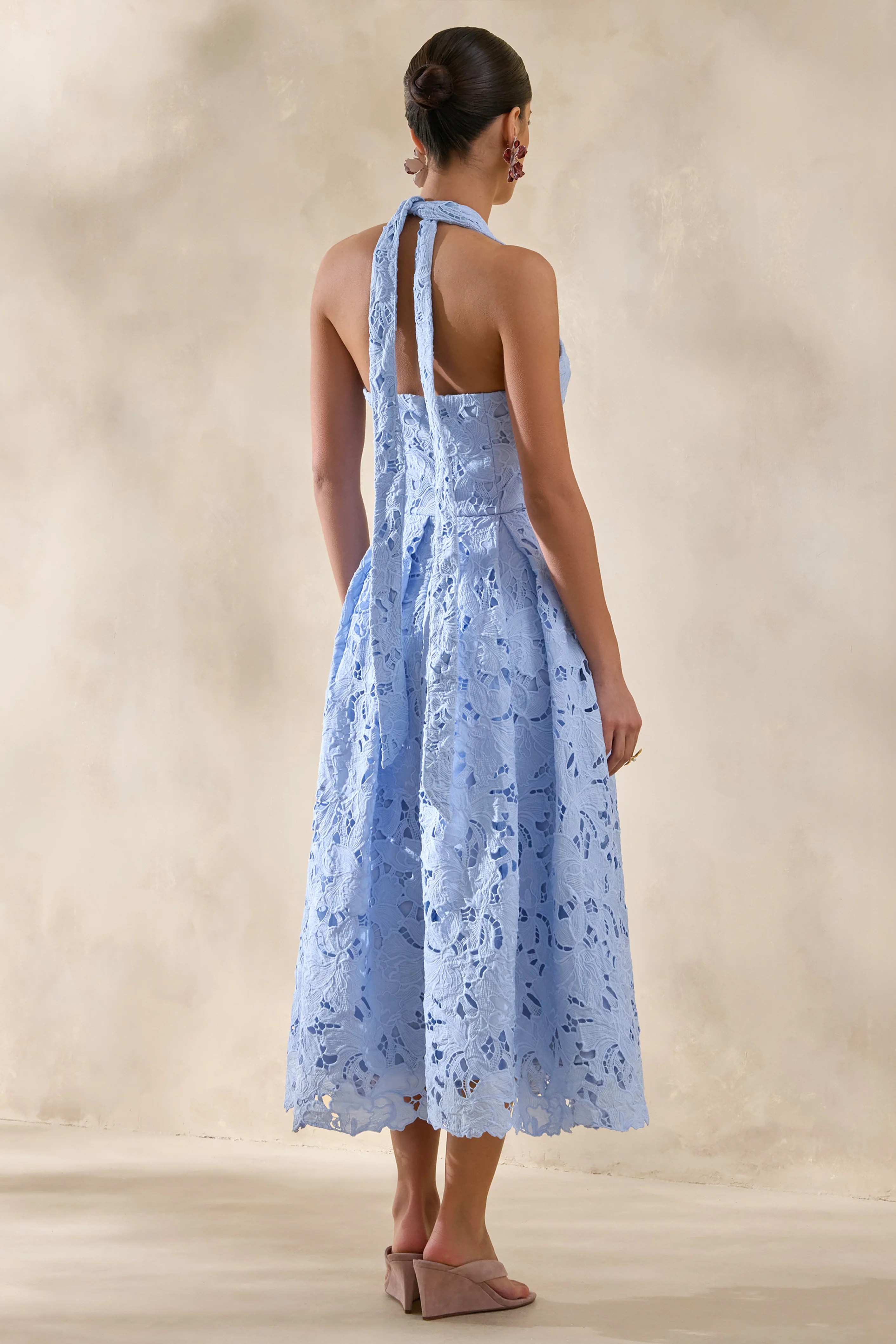 Maribel | Powder Blue Lace Plunge-Neck Midi Dress