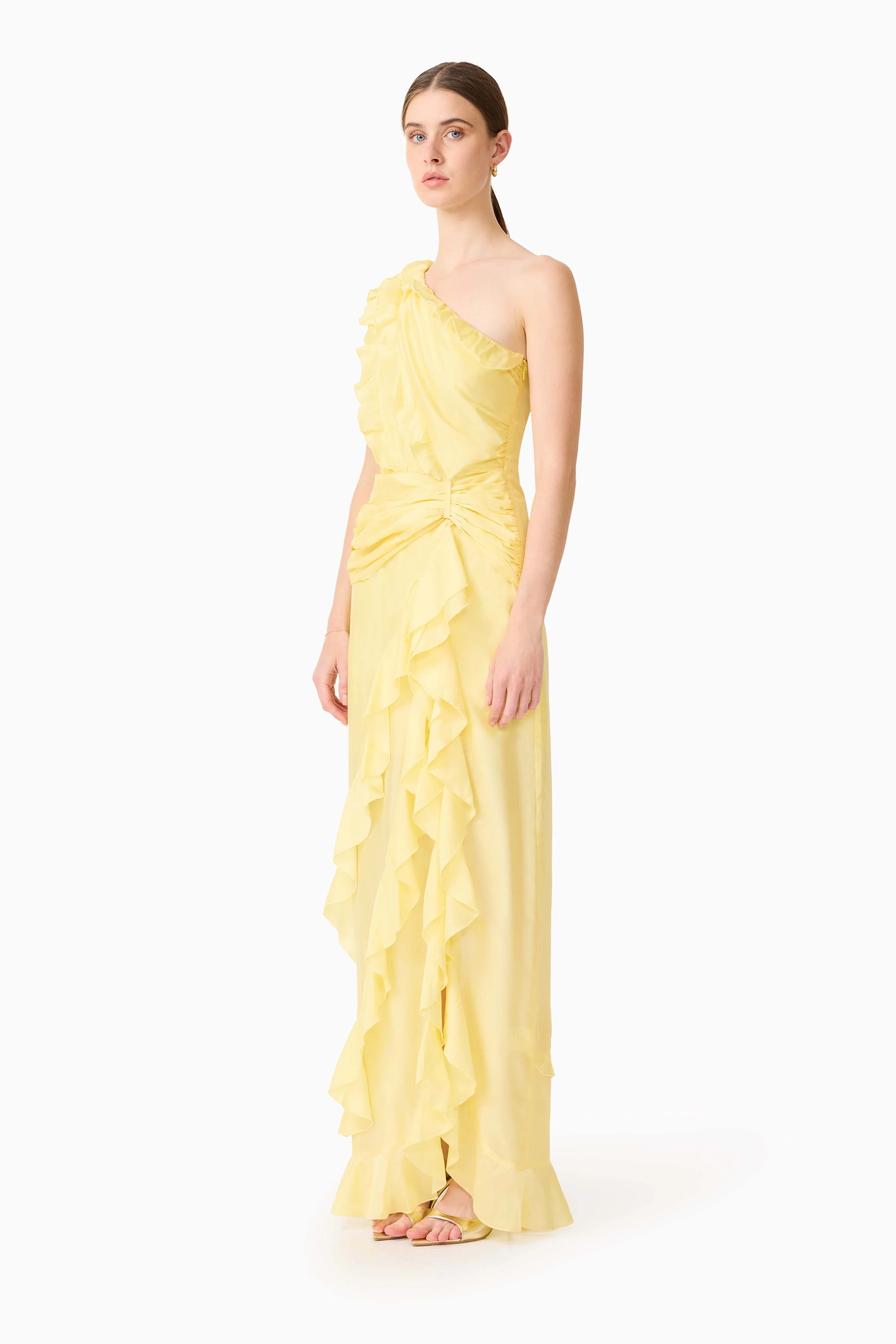 Lucinda One Shoulder Gown in Lemon Yellow