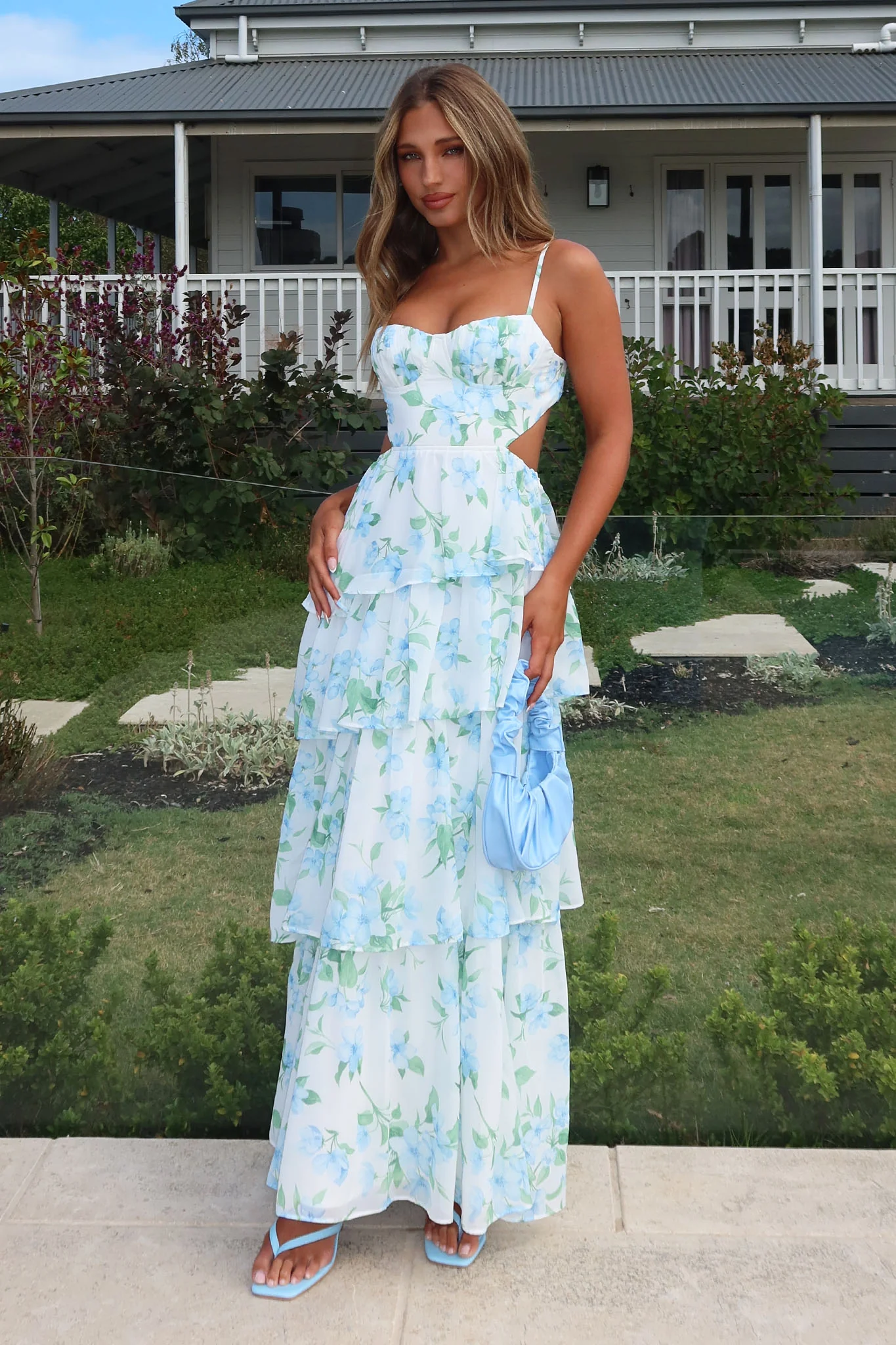 Vianne Tiered Cut-Out Maxi Dress Floral Blue
