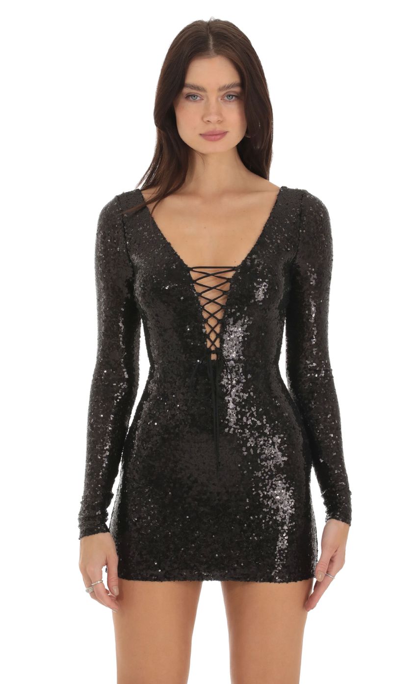 Sequin Plunge Neck Dress in Black