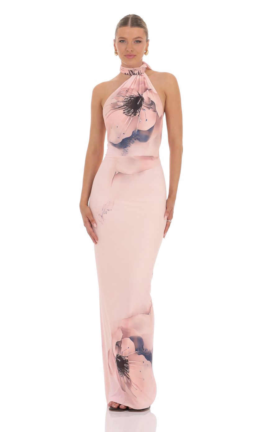 Mesh Floral Scarf Strap Maxi Dress in Pink