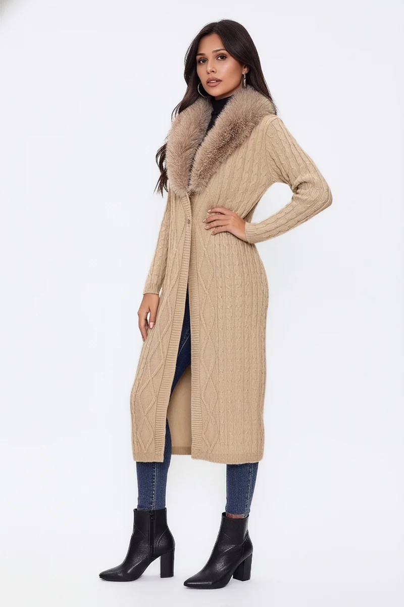 Faux Fur-Collar Cable Knit Longline Cardigan