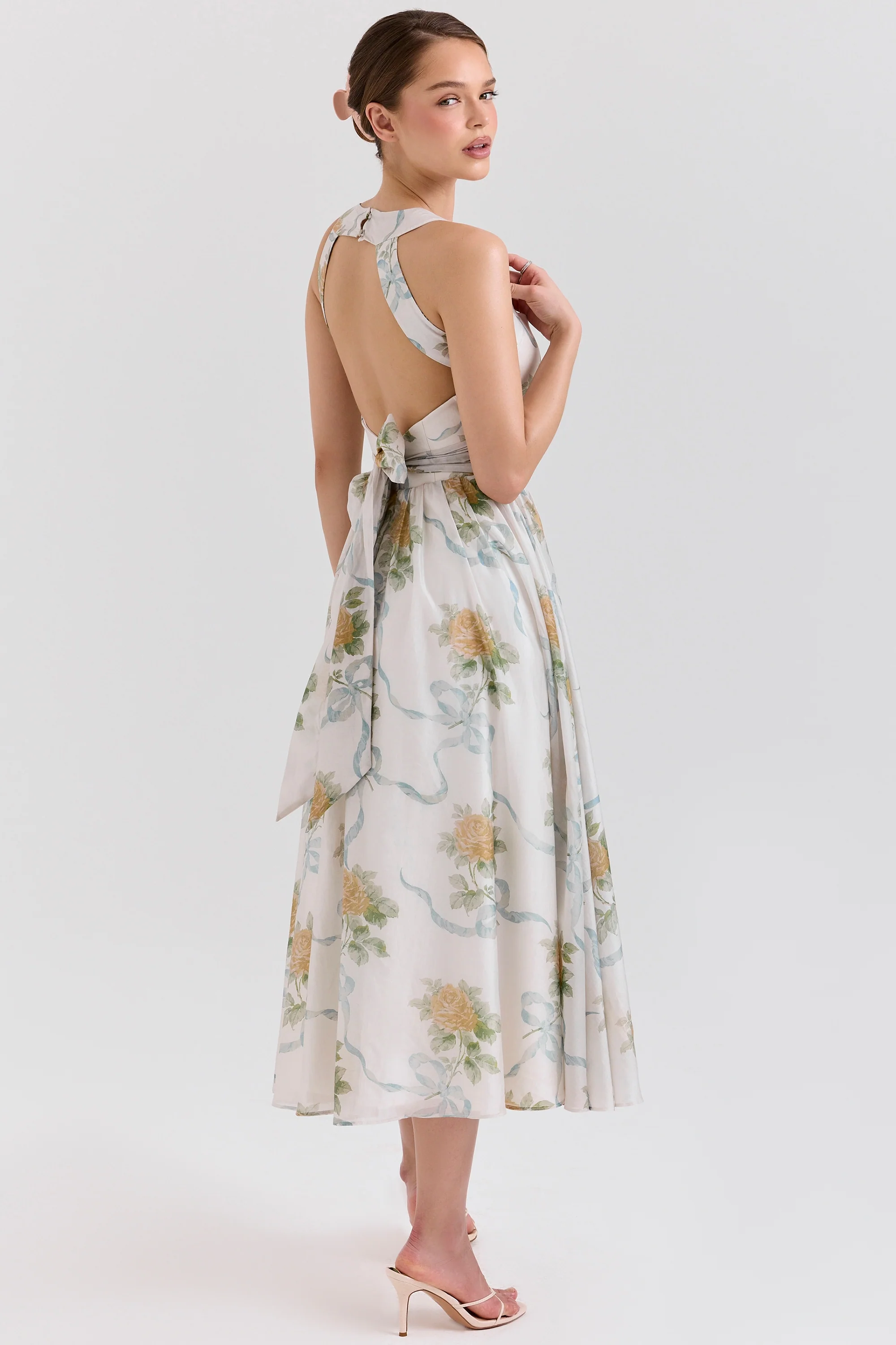 soft blue vintage ribbon print chiffon midi dress