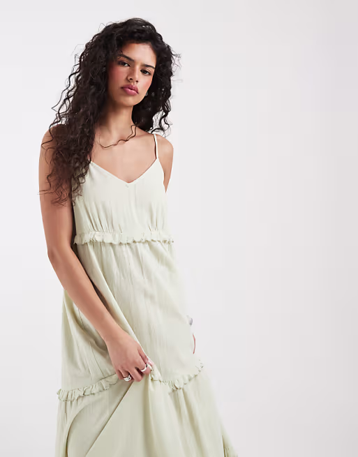Vero Moda tiered cotton cami maxi dress with scallop edge detailing in pale green