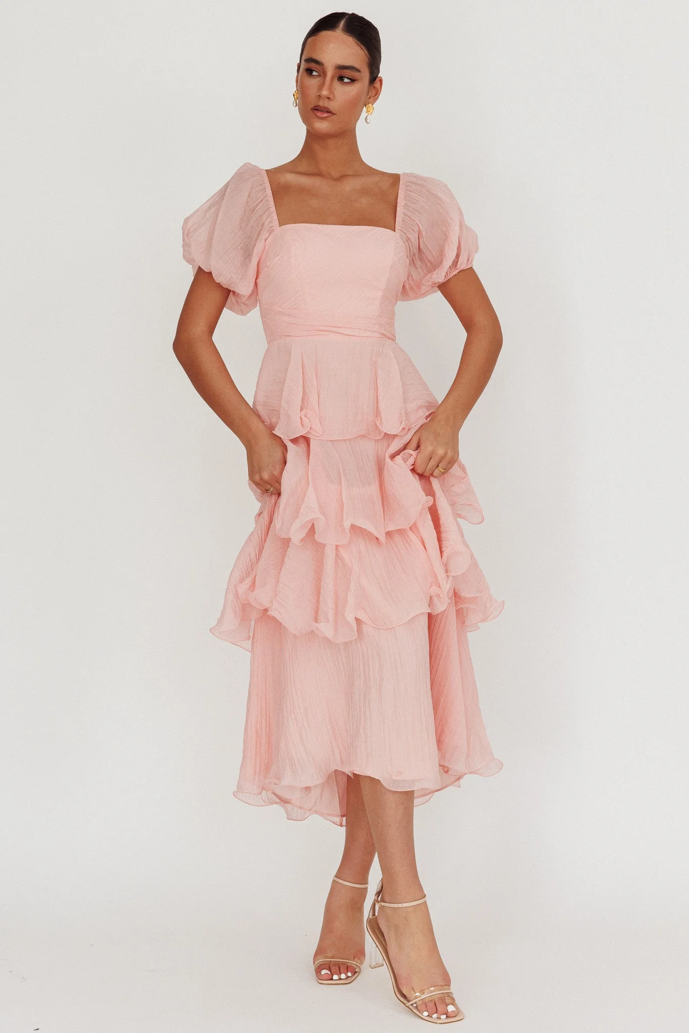 Giavana Puff Sleeve Layered Maxi Dress Baby Pink