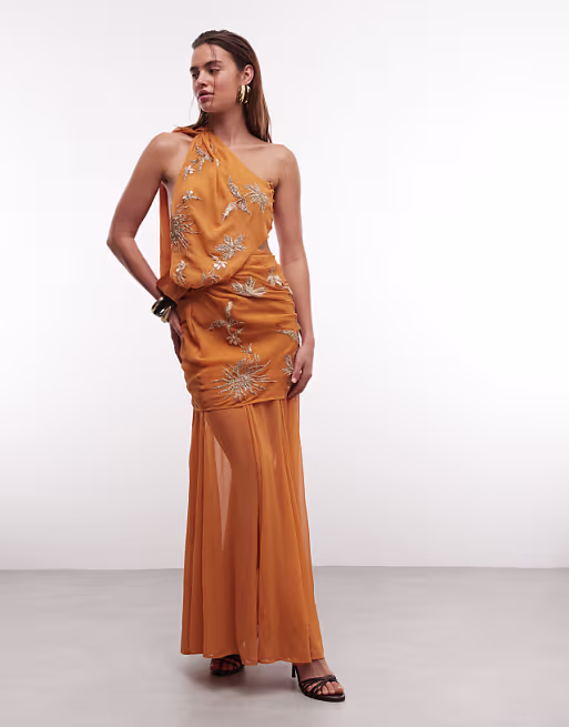 floral embellished halter maxi dress in orange