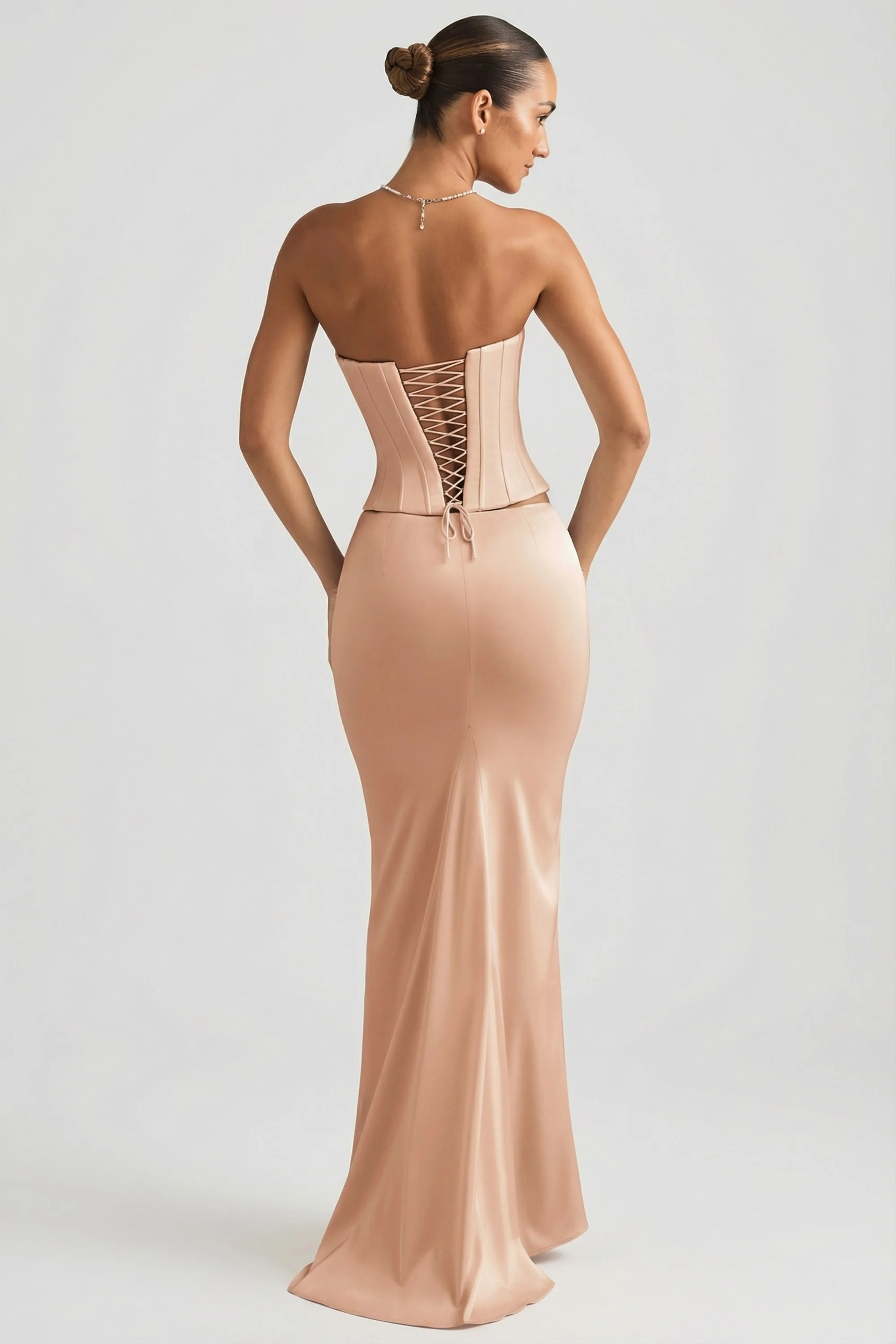Draped Low-Rise Maxi Skirt in Beige Gold
