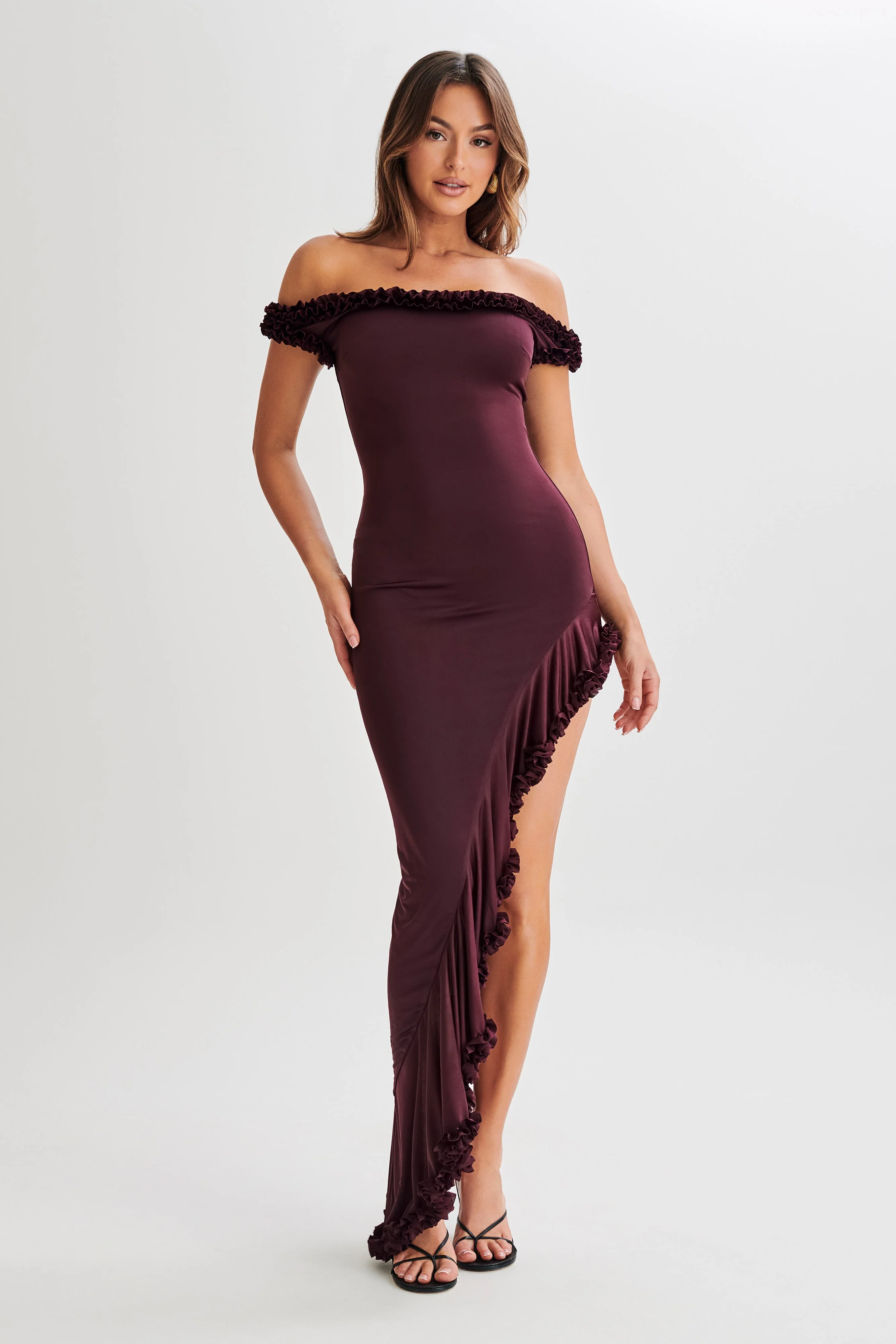 Arielle-Off-Shoulder-Ruffle-Midi-Dress-Plum