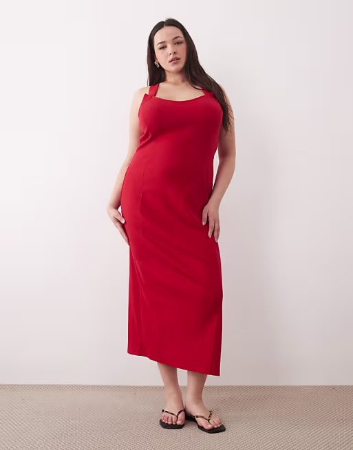 Curve scoop front racer seam detail midi dress in red