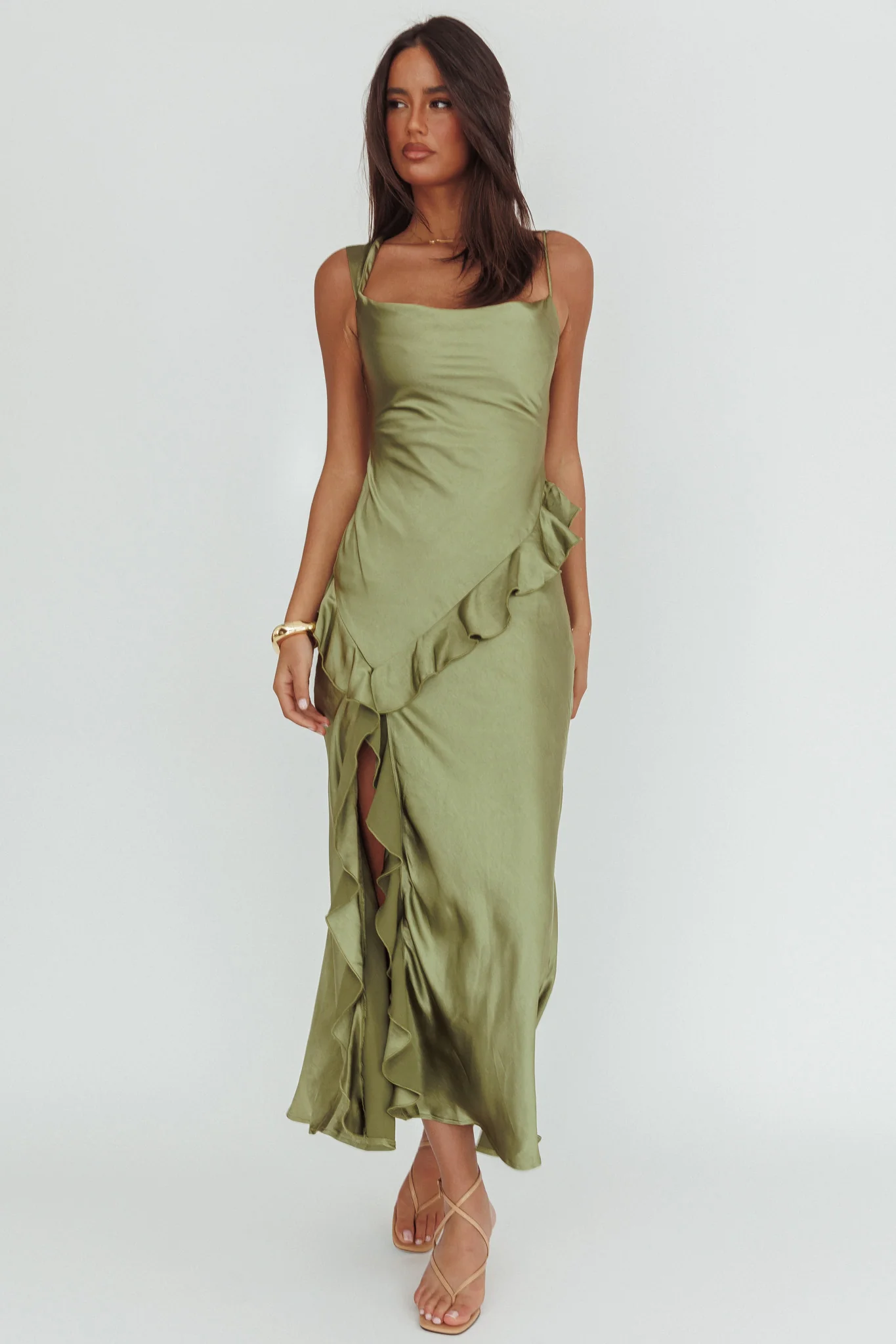 Sunshine Eternity Asymmetric Neckline Ruffle Maxi Dress Olive