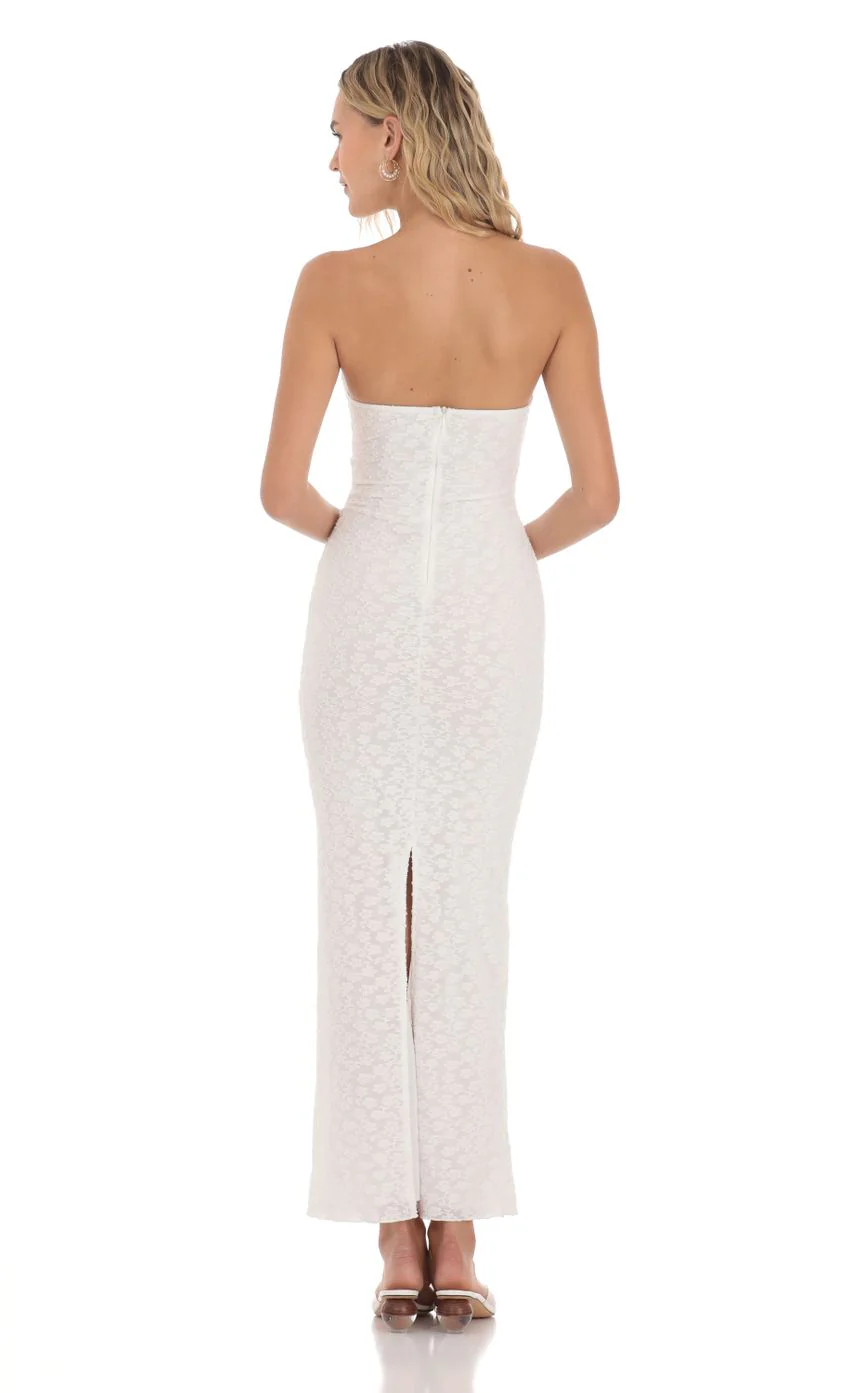Strapless Textured Floral Twist Maxi Dress in White