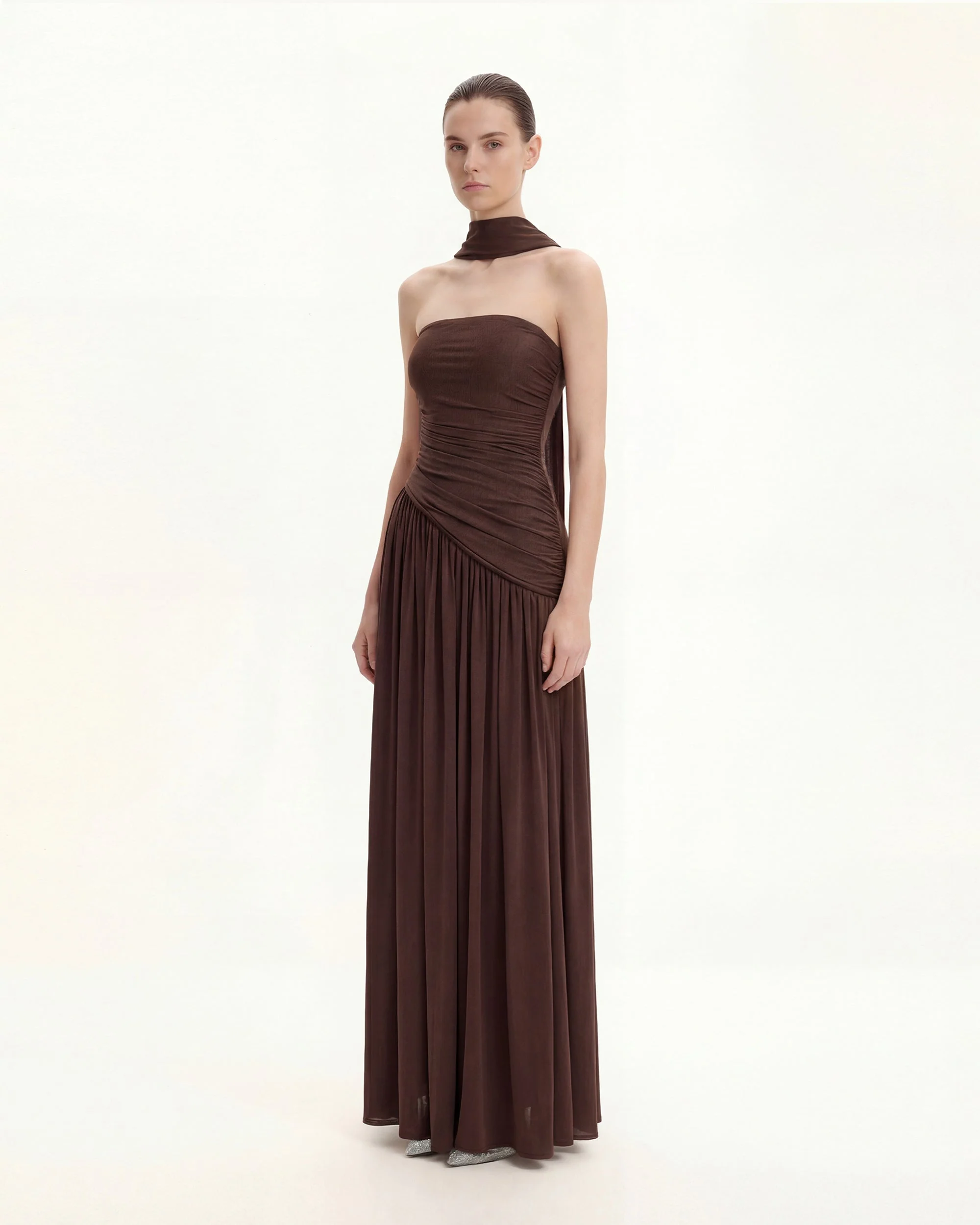 Ruched Panel Strapless Maxi Dress - Brown - FASHION NOB