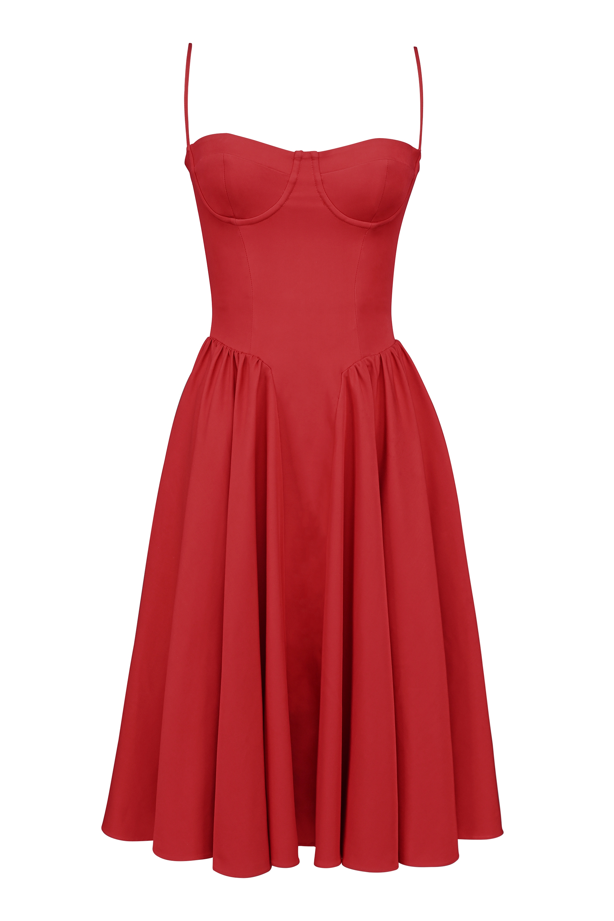 red gathered midi dress