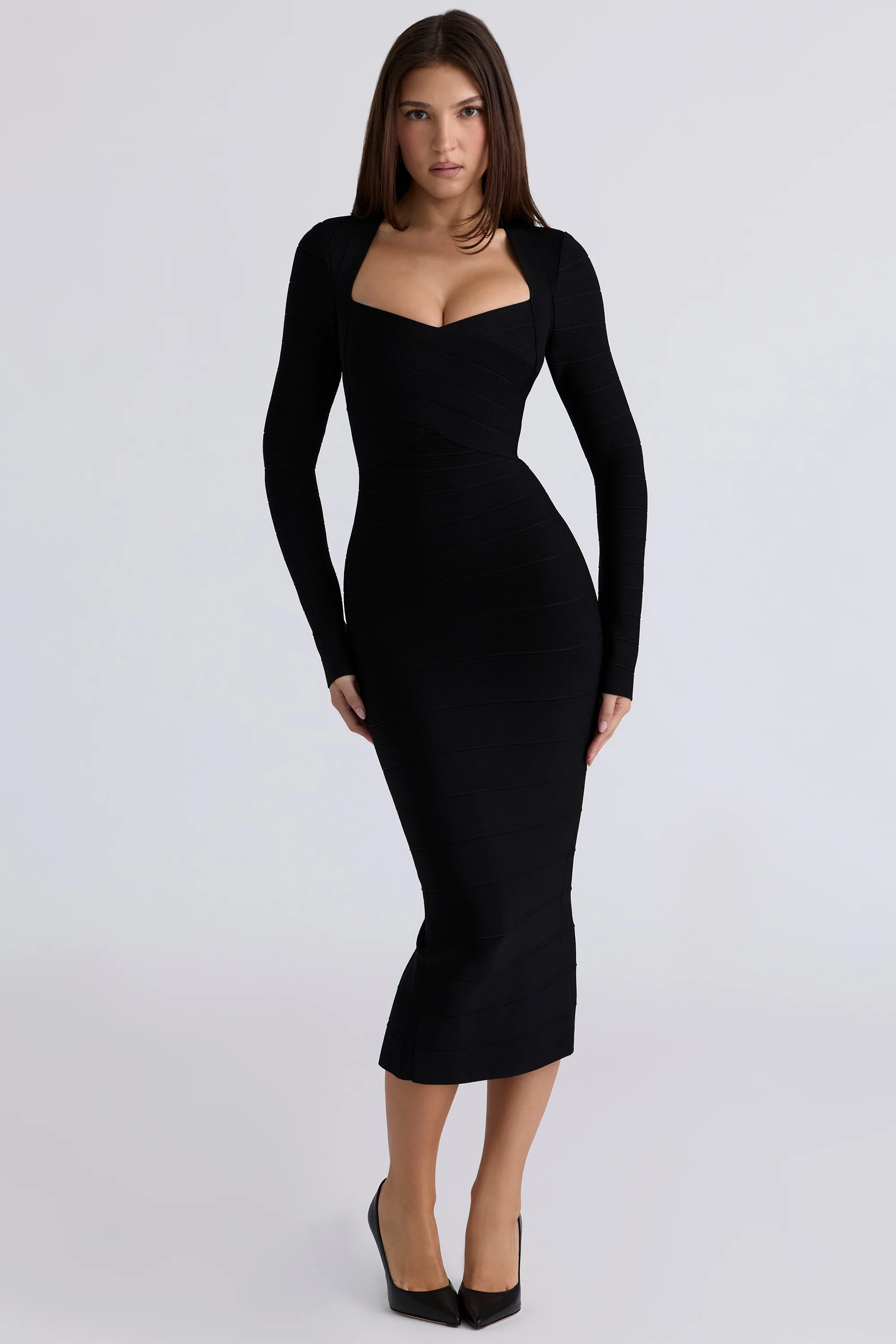 black long sleeve bandage midi dress