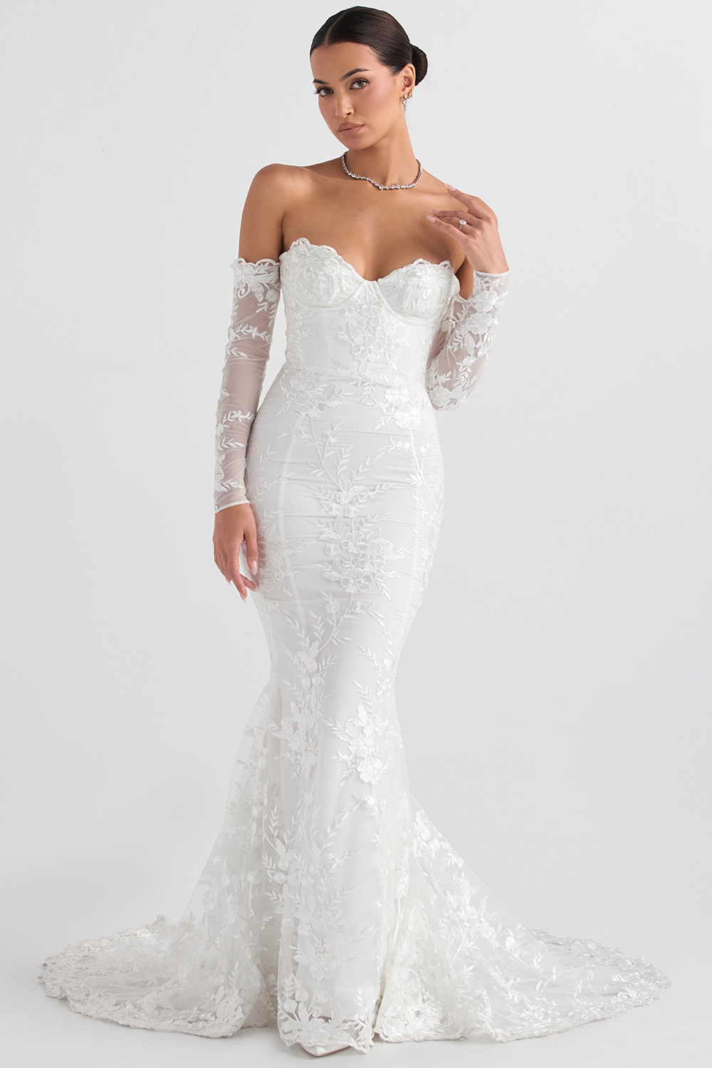 White Lace Long Sleeve Bridal Gown
