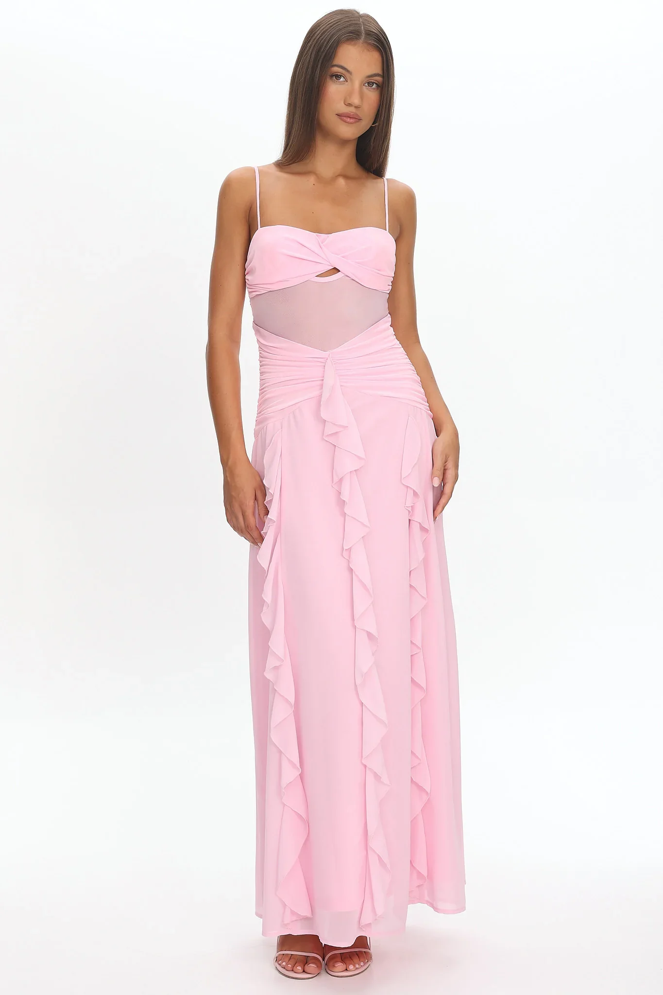 Janella Twist Bust Ruffle Maxi Dress Pink