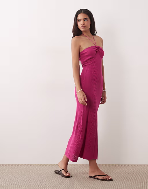 Mango Teen knit halterneck maxi dress in bright pink