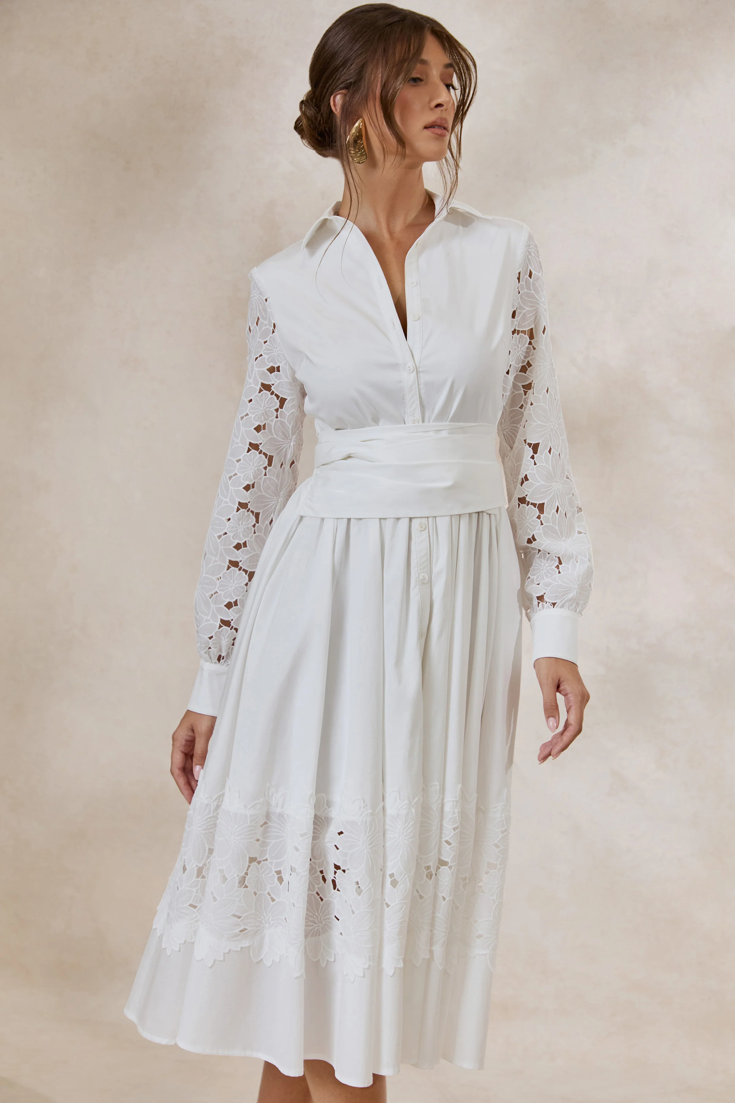 Zalynne | White Broderie Collared-Neck Midi Dress