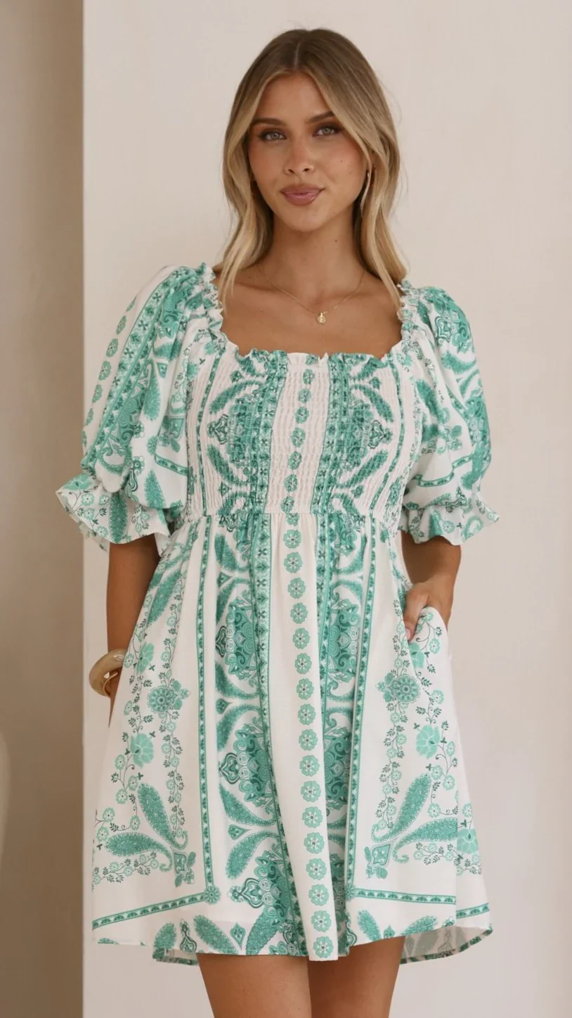 Danica Mini Dress - Green Aztec