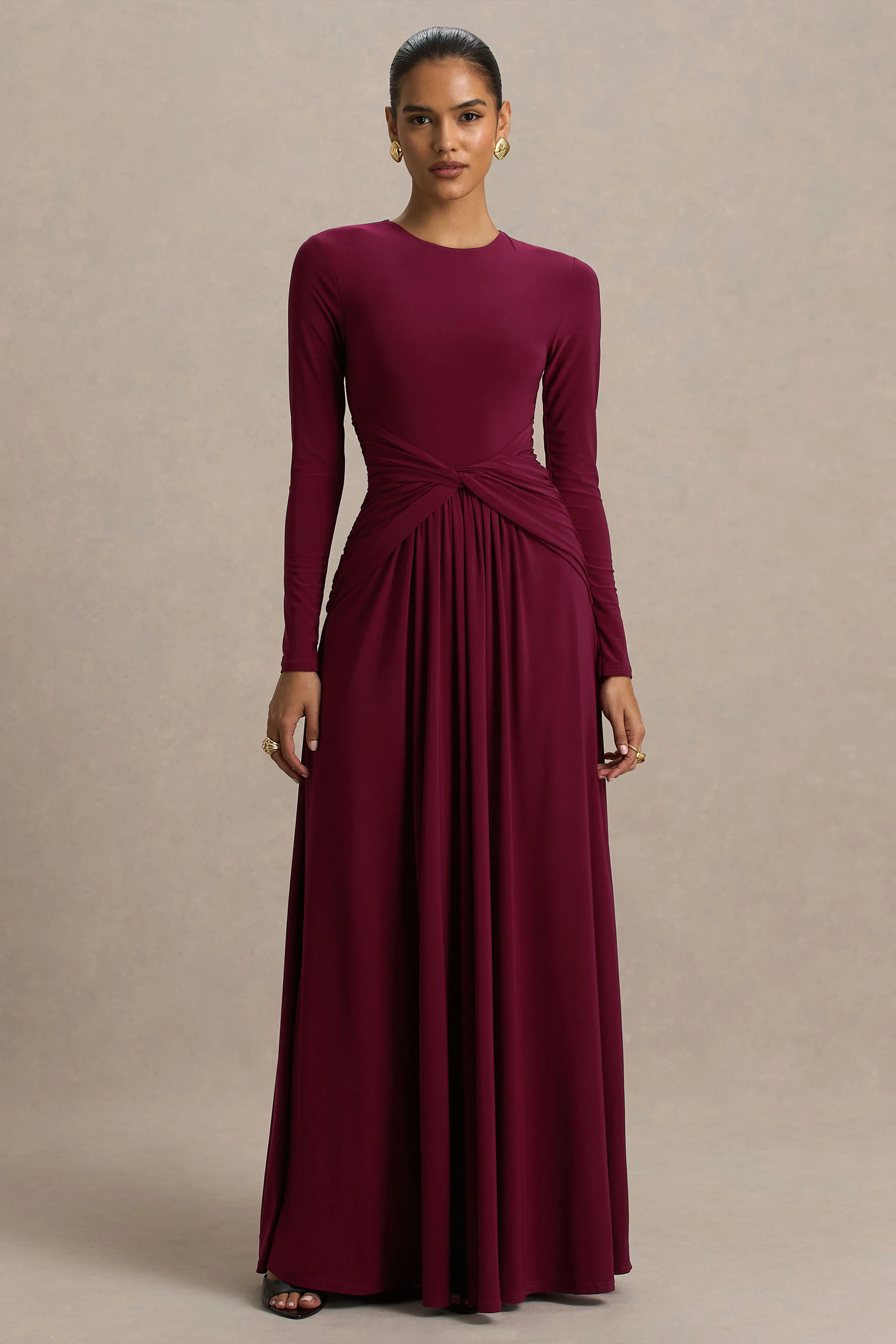 Estrella | Berry High-Neck Maxi Dress With Ruched Detailing