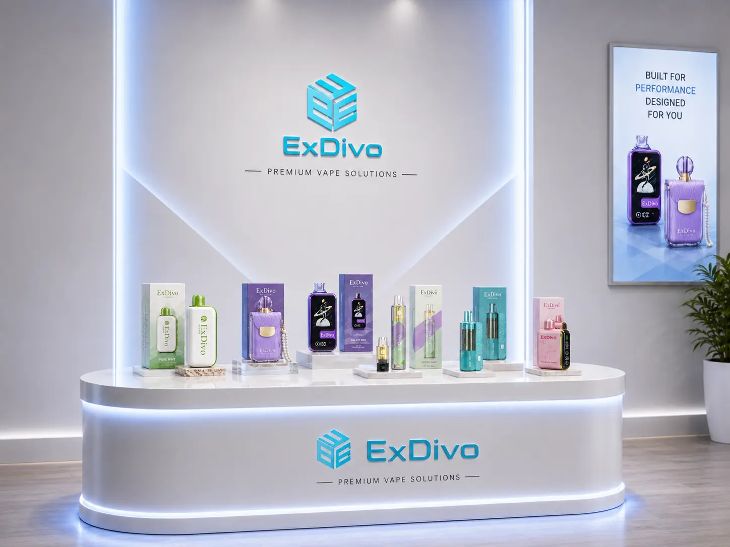 ExDivo official product display stand showcasing disposable vapes and replaceable pod vape products
