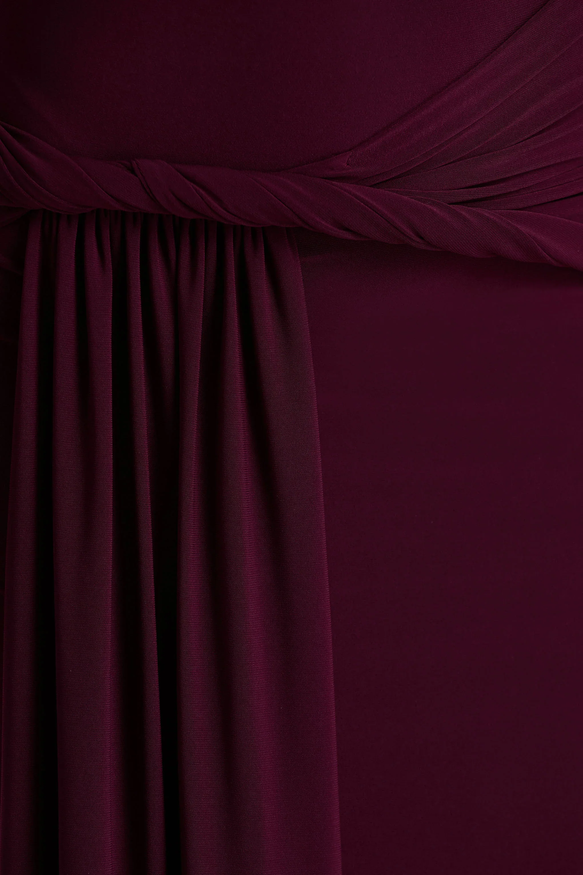 Tulisa | Burgundy Asymmetric-Neck Maxi Dress With Twist Sleeves And Ruched Detailing