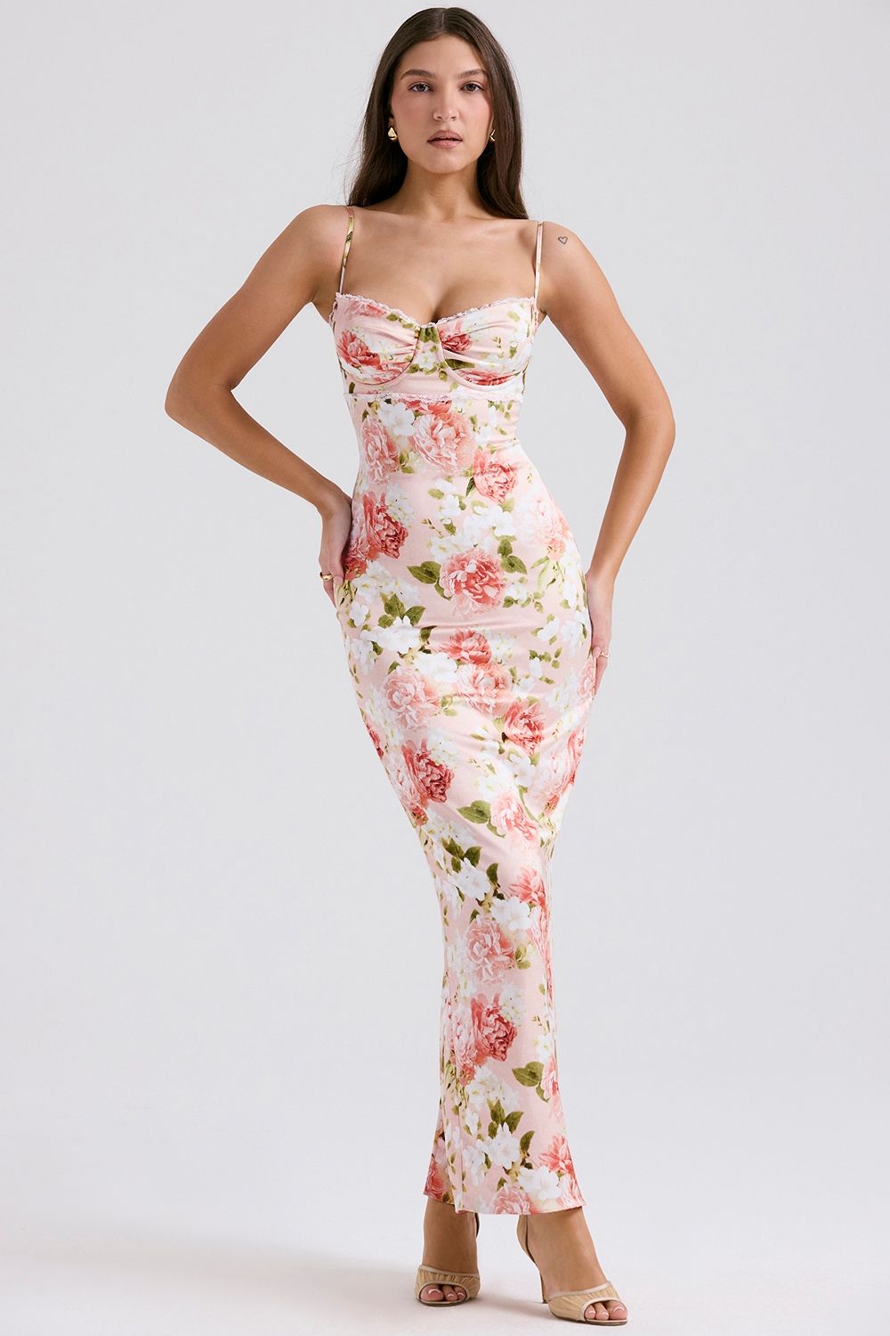 pink peony print satin maxi dress