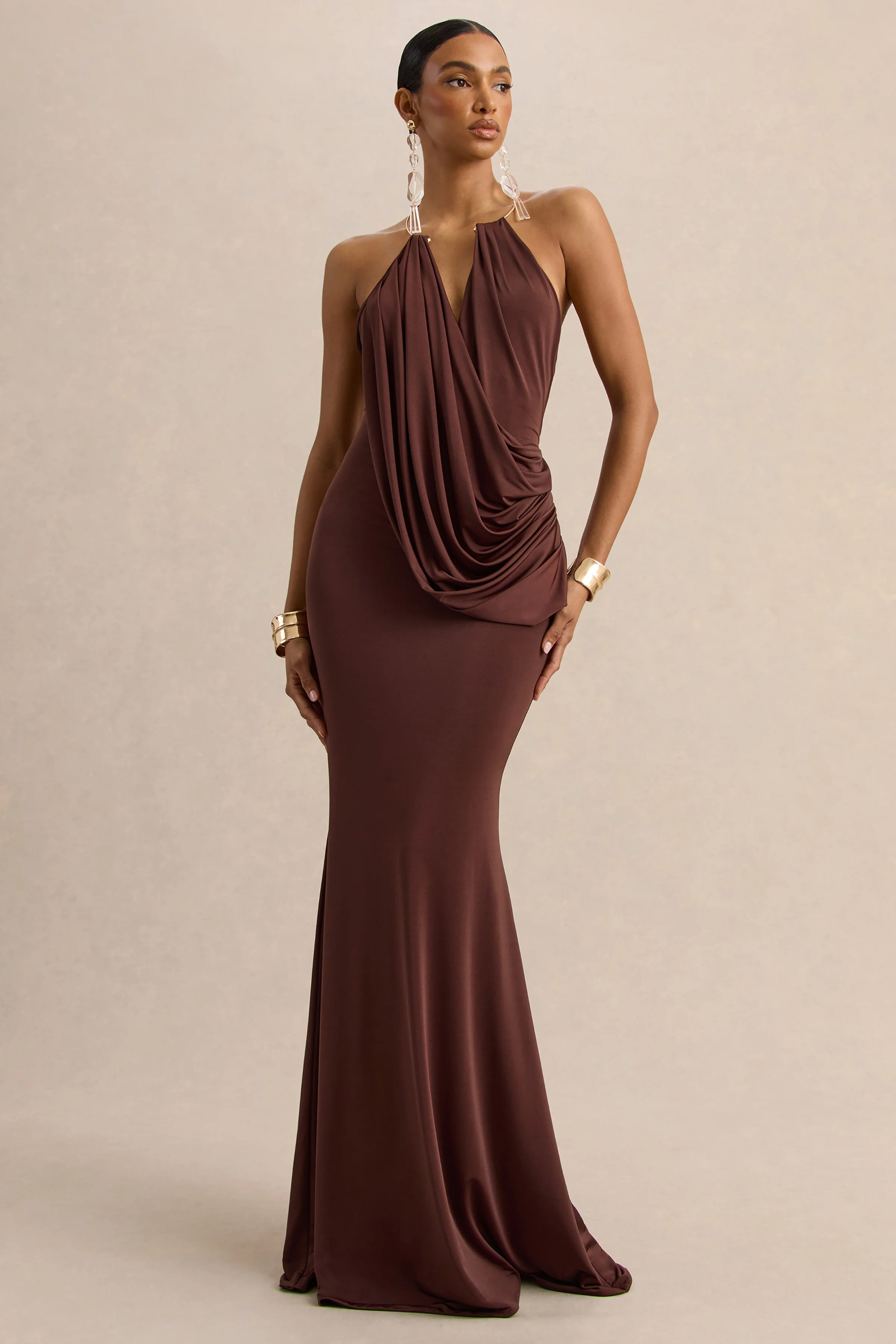 Chanterra | Brown Halter-Neck Maxi Dress With Draped-Detailing