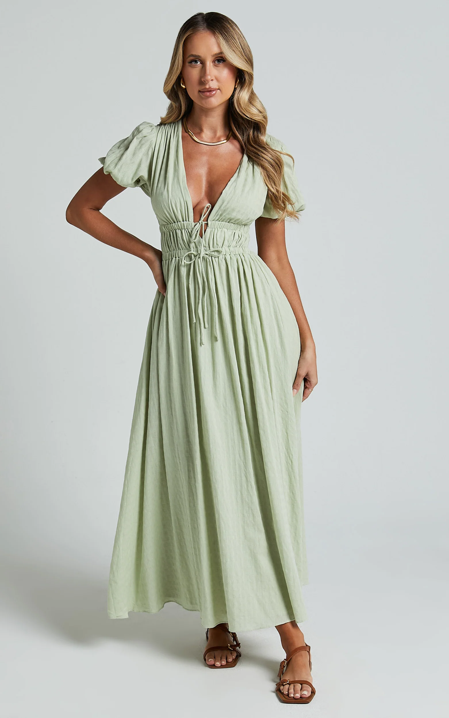 Matteo Midi Dress - Deep V Neck Puff Sleeve Dress in Sage