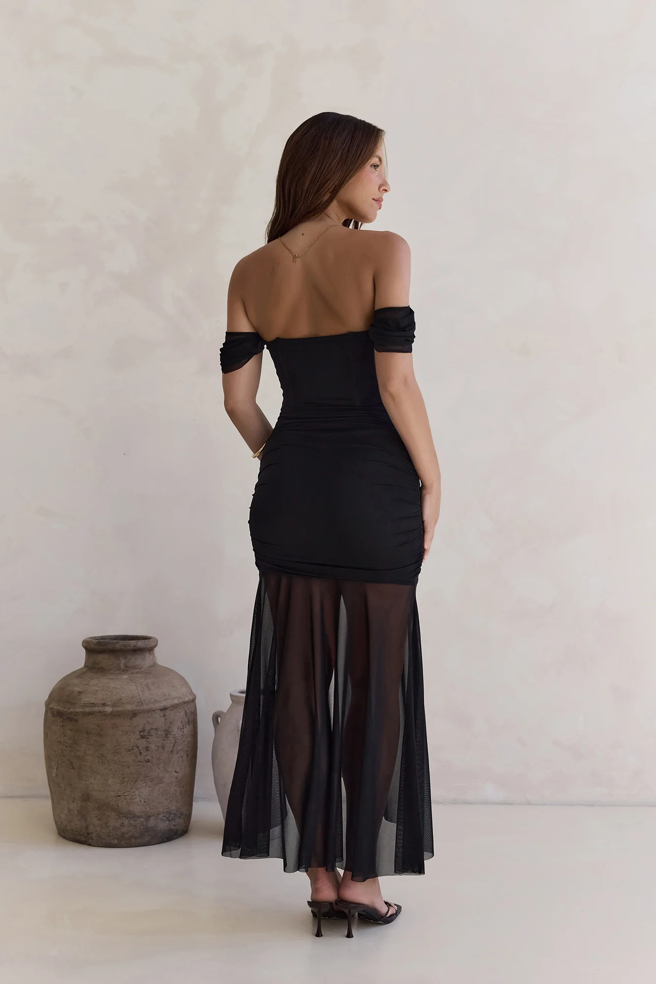 Soft Shadows Off Shoulder Mesh Maxi Dress Black