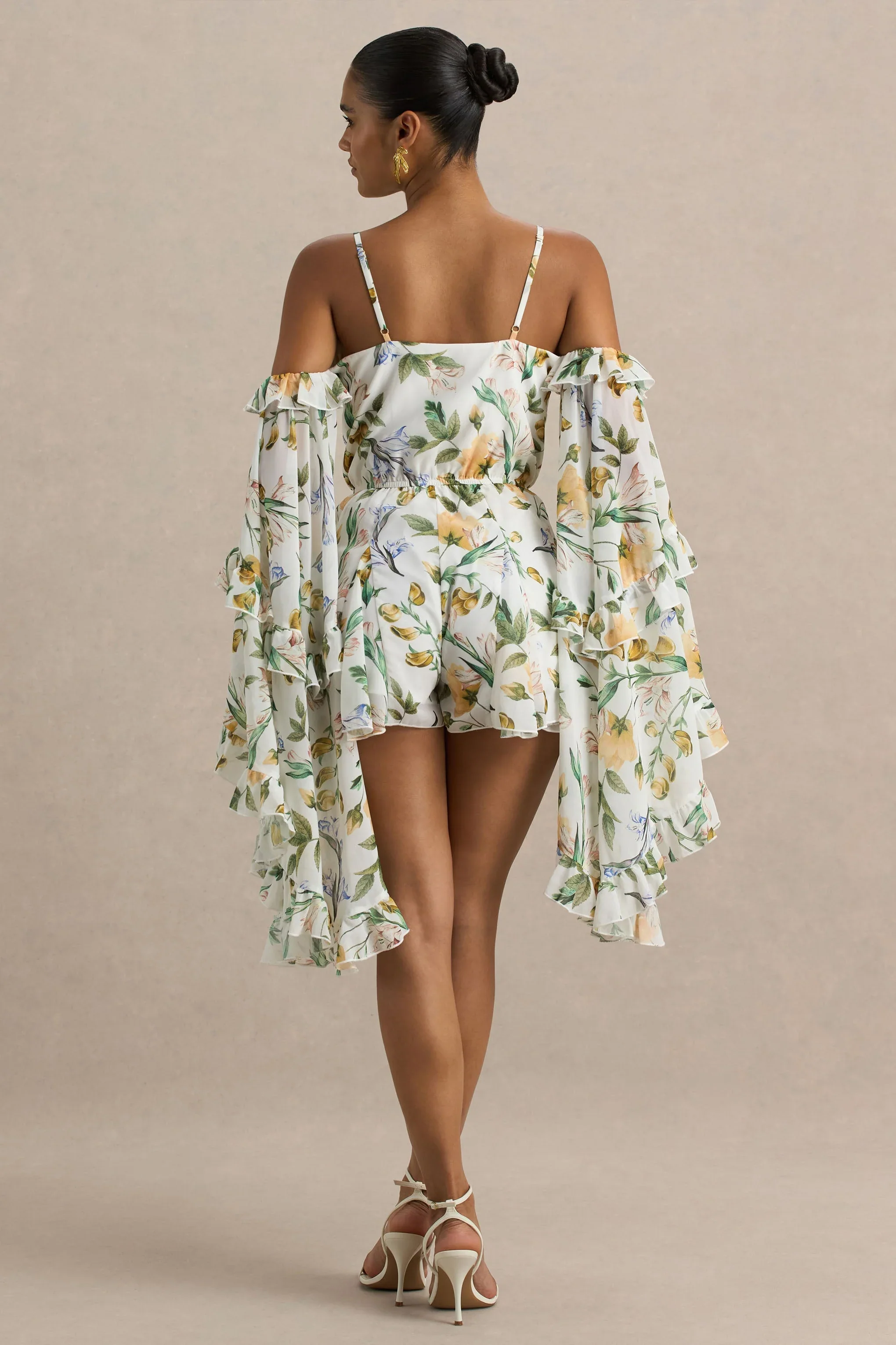Anaya | White Botanical Print Chiffon Playsuit With Long Sleeves