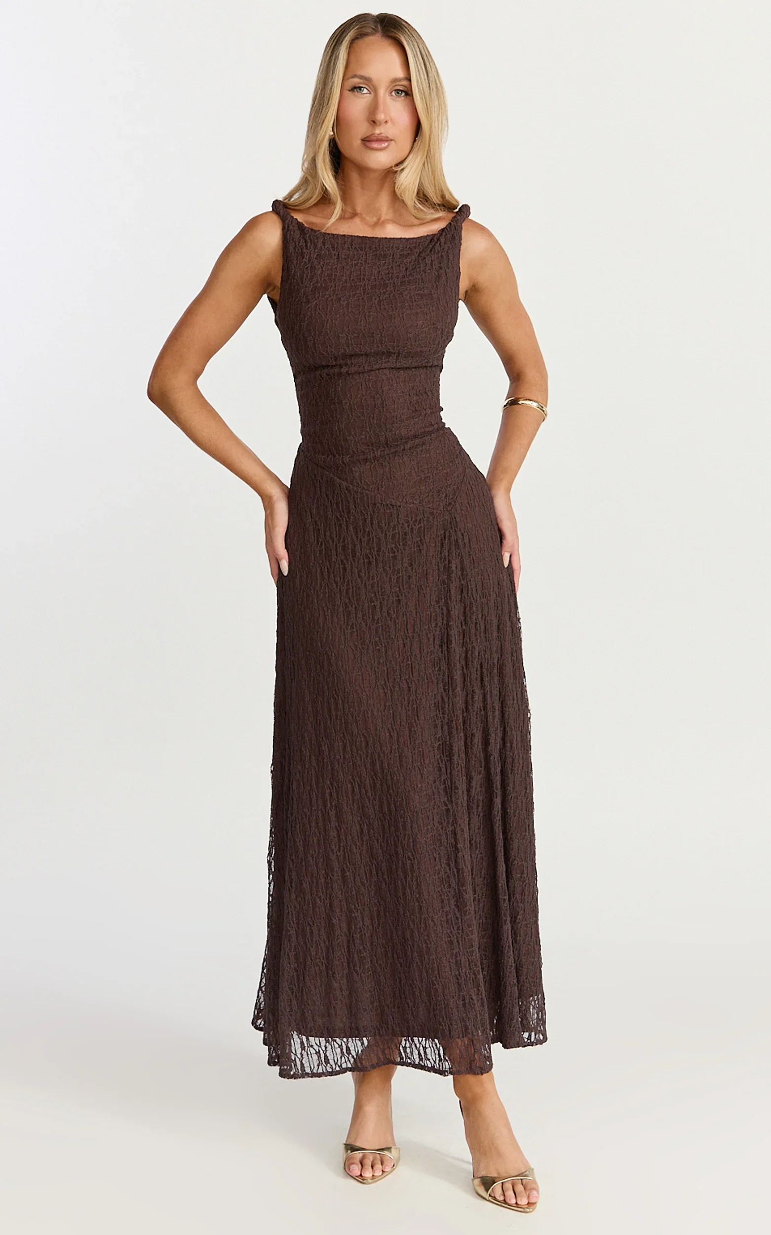 Abby Midi Dress - High Neck Asym Detail Dress in Chocolate