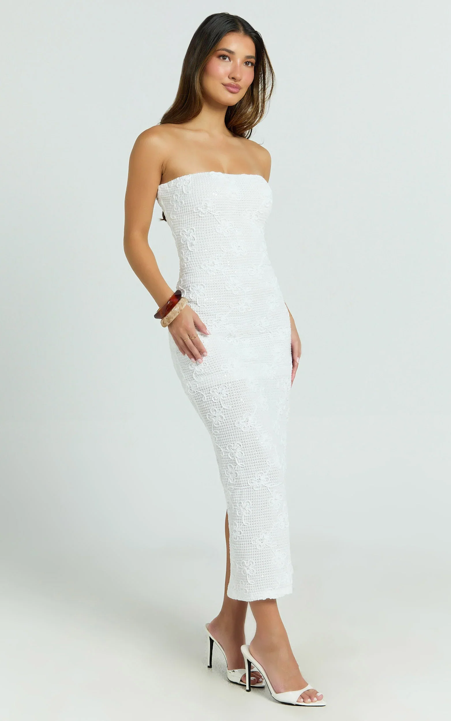 Jamil Midi Dress - Strapless Fitted Jersey Dress in White