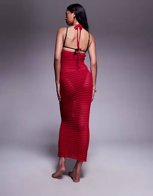 The Frolic exclusive crochet halterneck maxi dress in red
