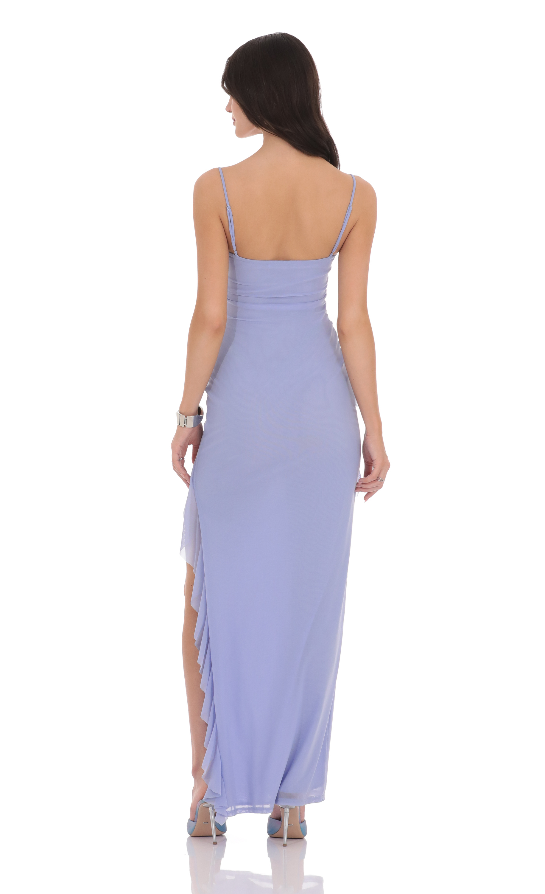 Ruffle Mesh Square Neck Maxi Dress in Periwinkle - luluinthesky