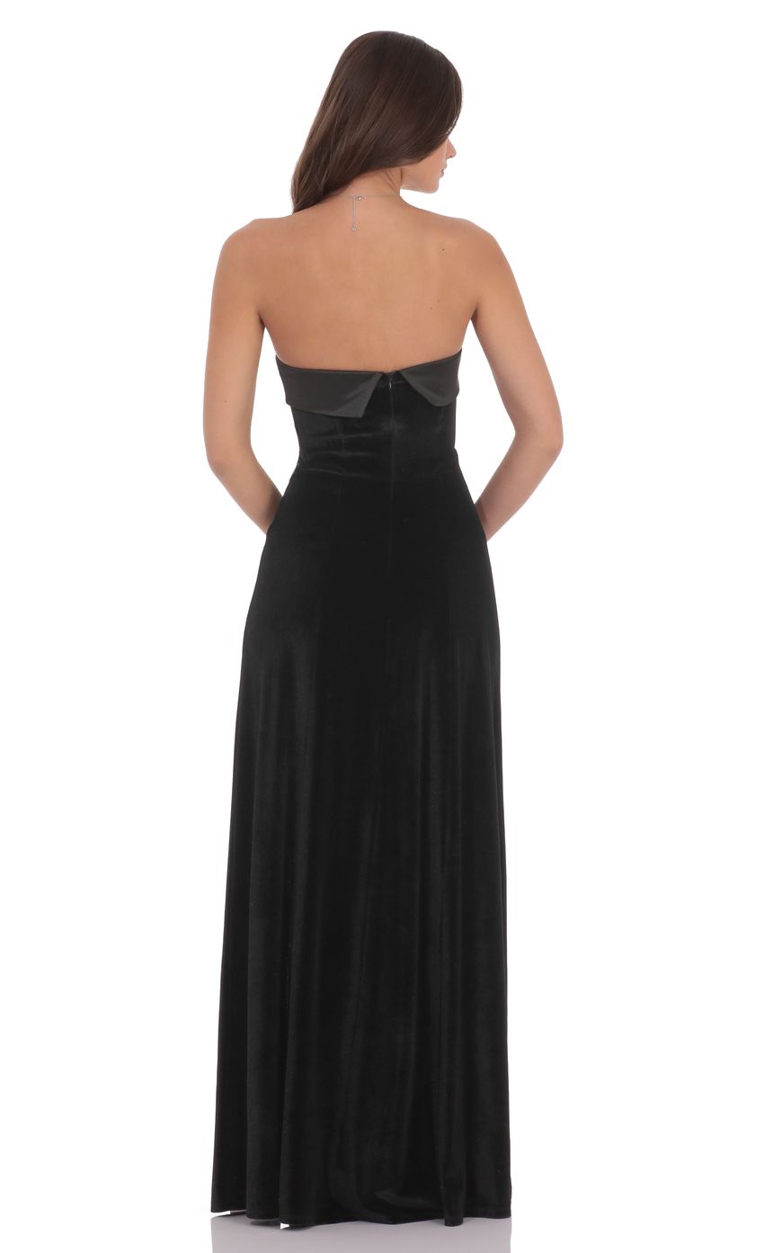 Satin Trim Velvet Strapless Maxi Dress in Black