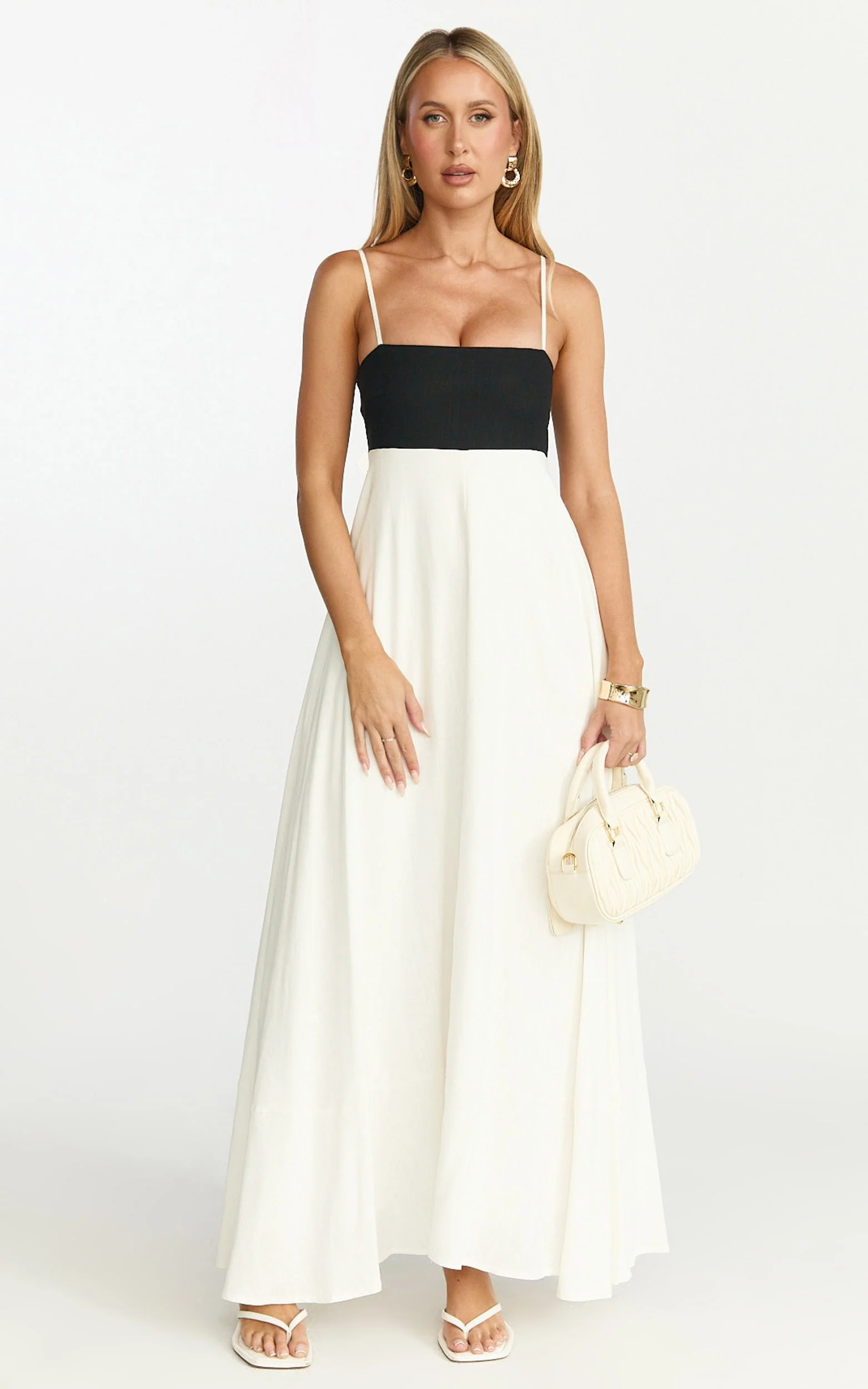 Katrien Maxi Dress - Strappy Empire Waist Flare Dress in Black & White