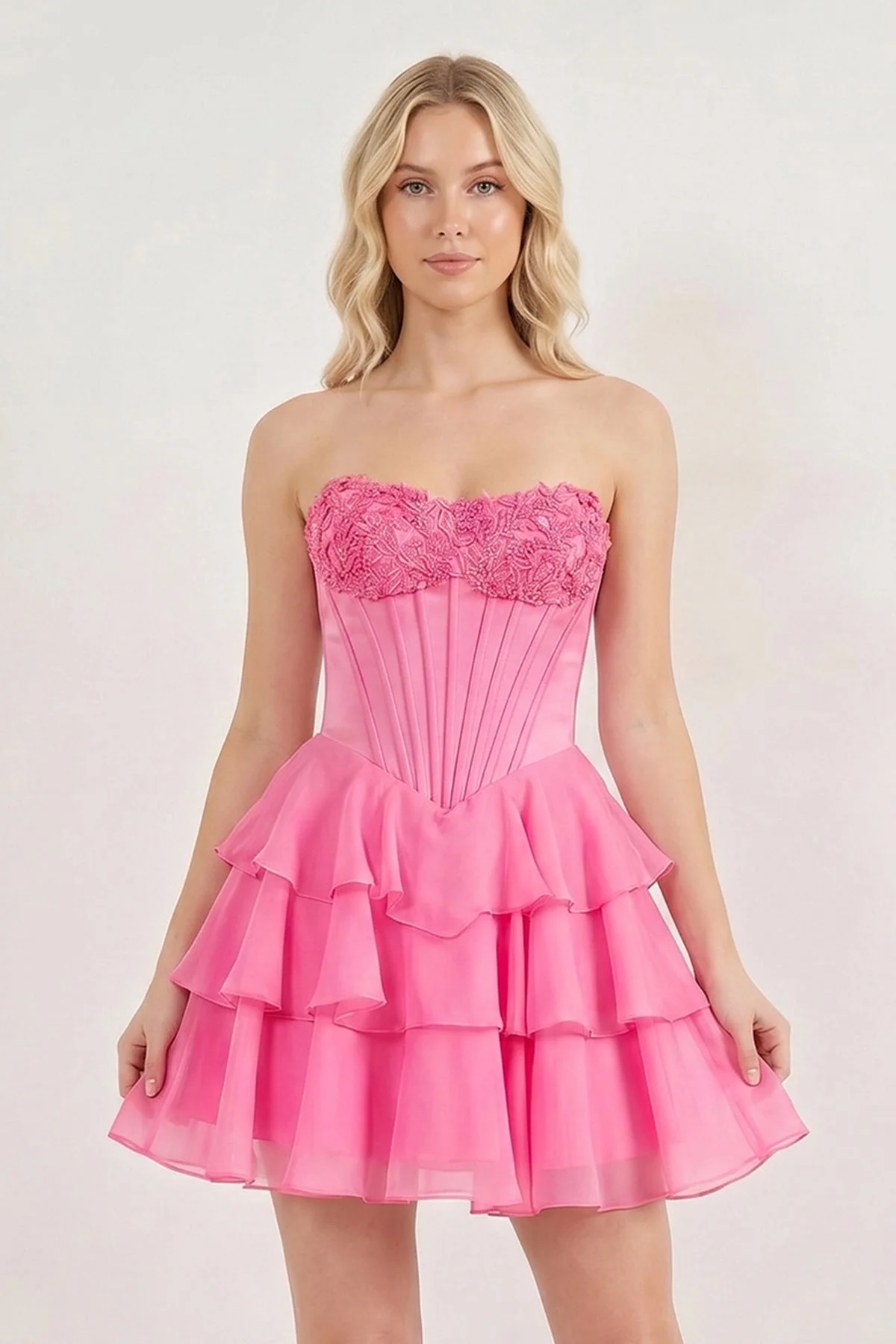Pink Strapless Tiered A-Line Ruffled Chiffon Appliqued Homecoming Dress