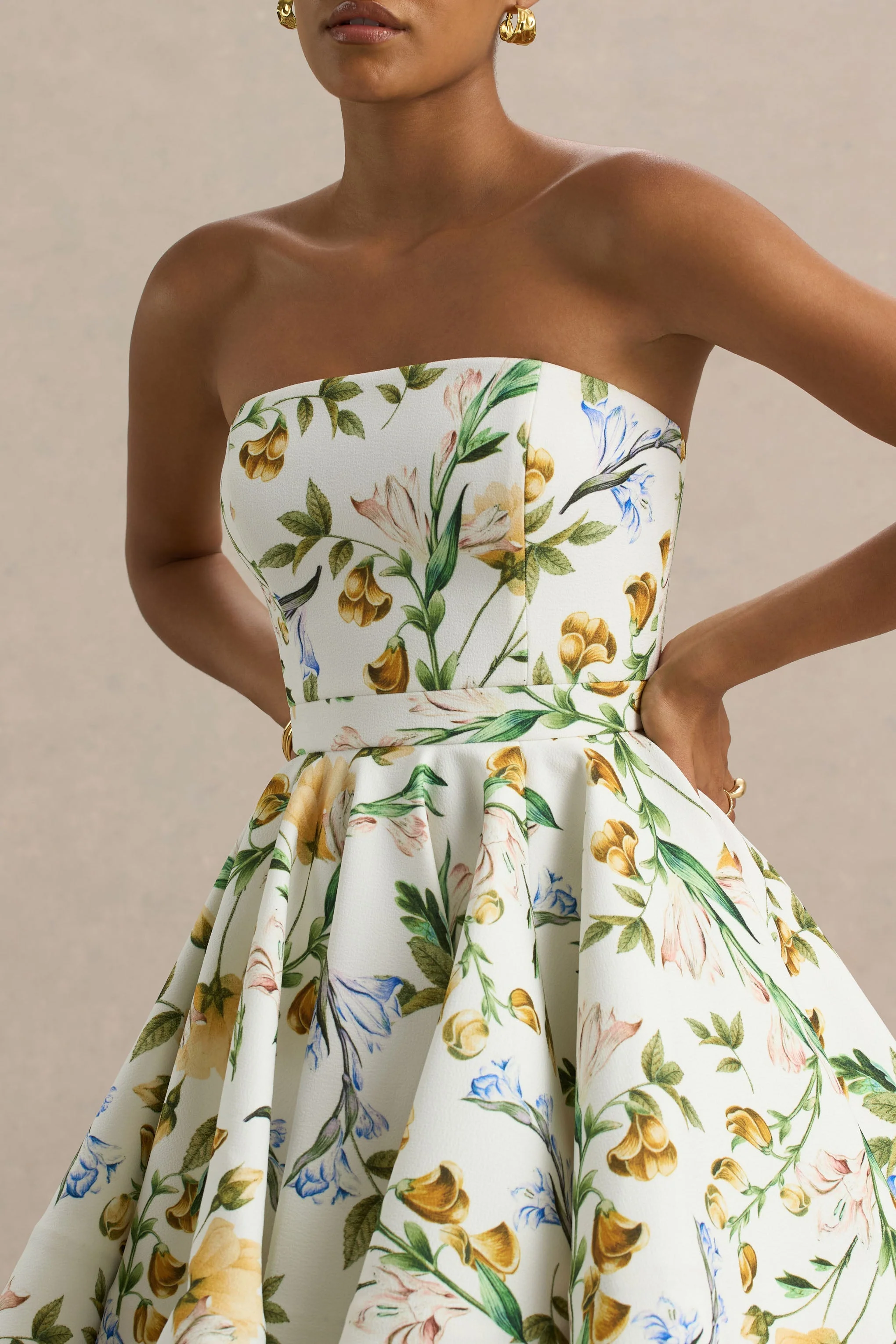 Valerian | Lemon Floral Print Bandeau Mini Dress With Ruffle Hem