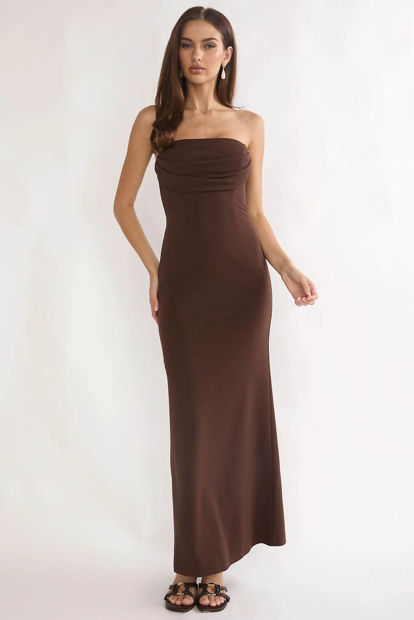 Well Versed Strapless Pleat Bust Maxi Dress Chocolate