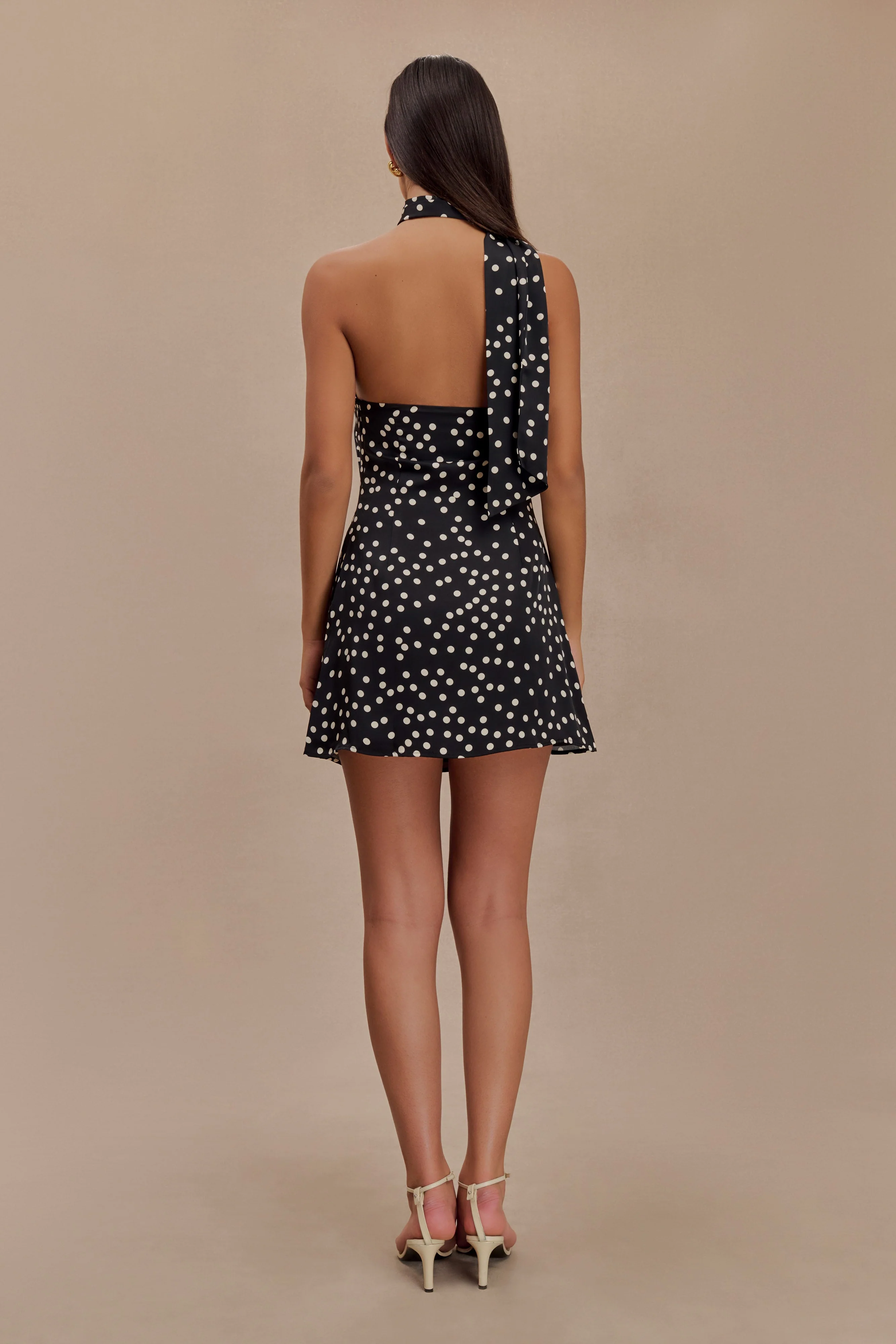 Joan Satin Asymmetrical Mini Dress - Black Polka Dot Print