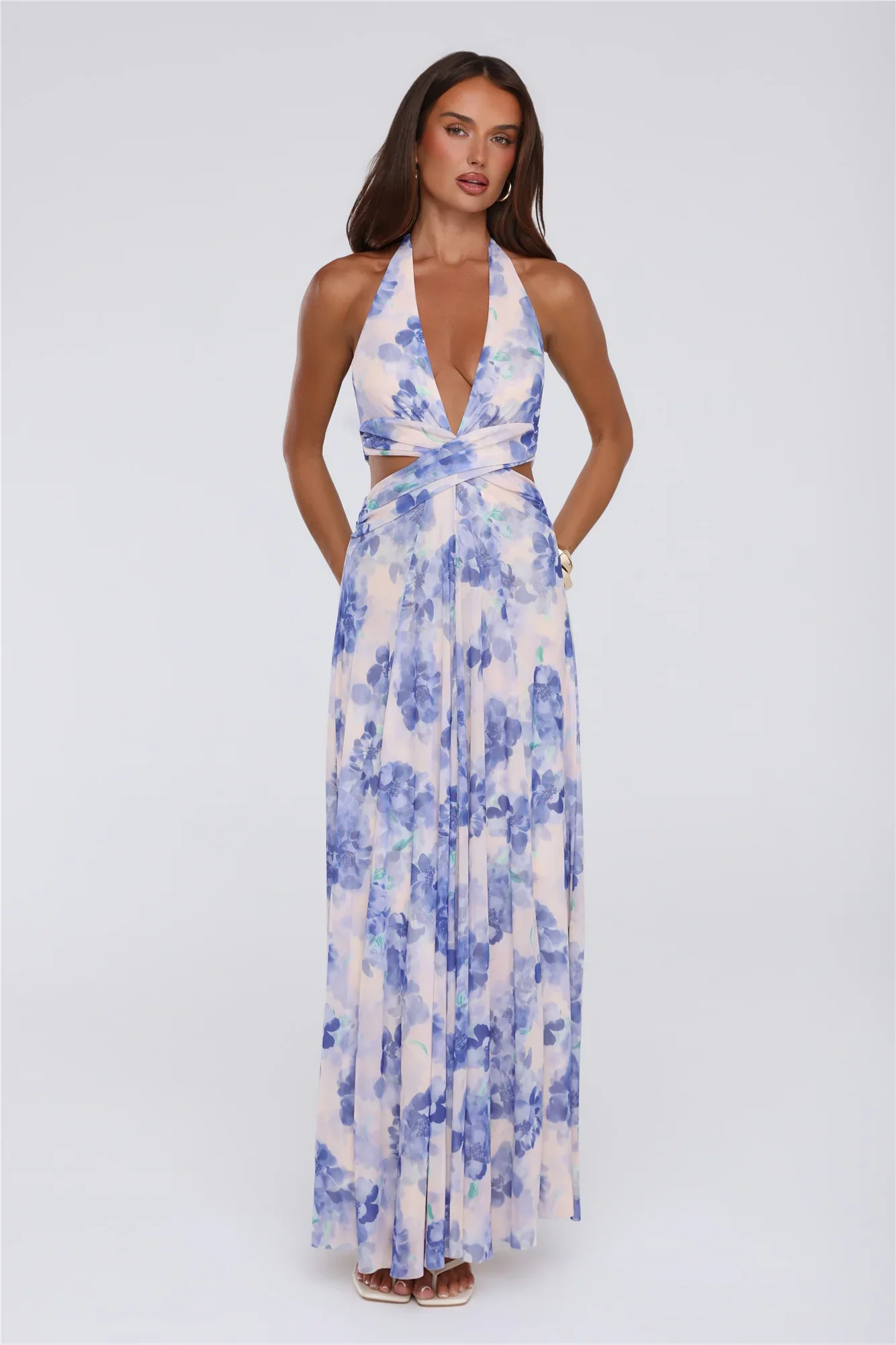 Afternoon In Azaleas Halter Maxi Dress Blue