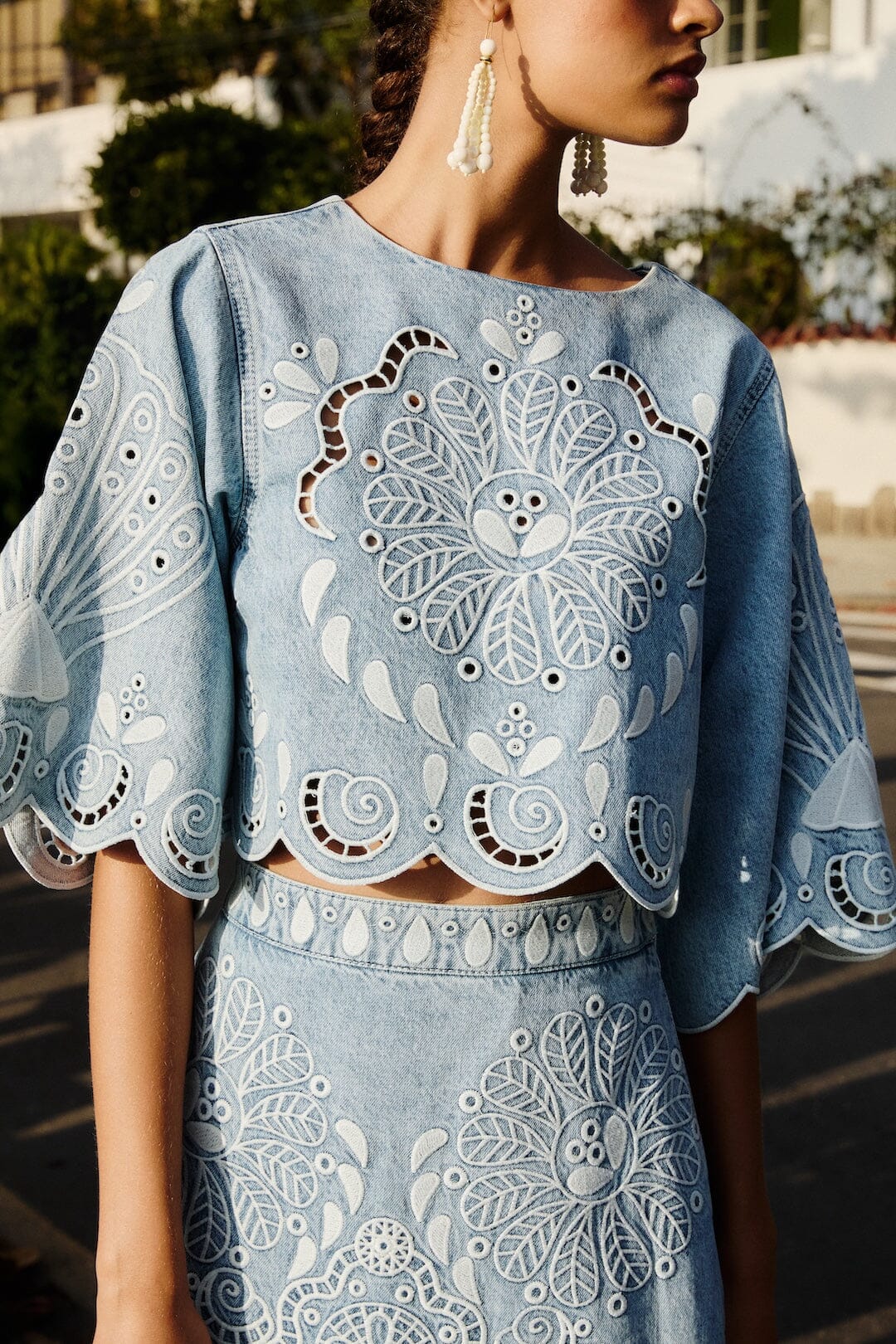 FARM Rio Denim Richelieu Kimono Sleeves Cropped Blouse