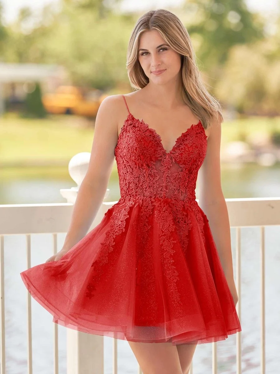 A-Line Spaghetti-Straps Sky Blue Lace Homecoming Dress With Appliques