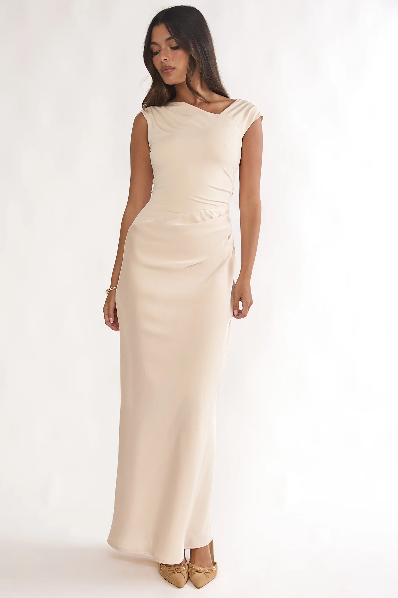 Brinelle Side Pleat Maxi Dress Ecru