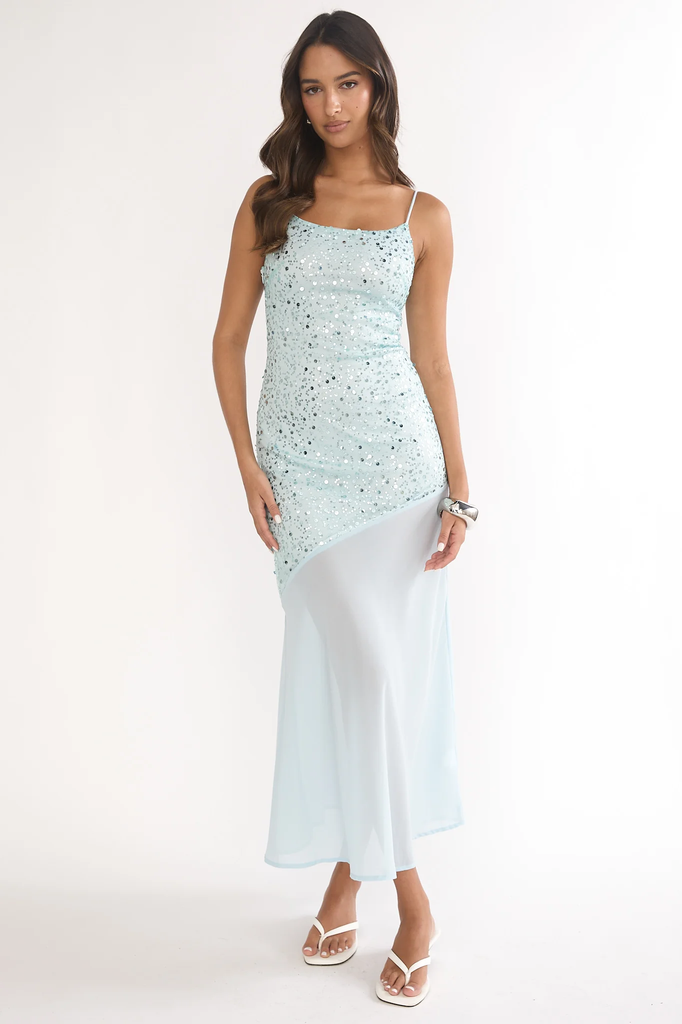 Gilded Dream Chiffon Hem Maxi Dress Sequin Sage