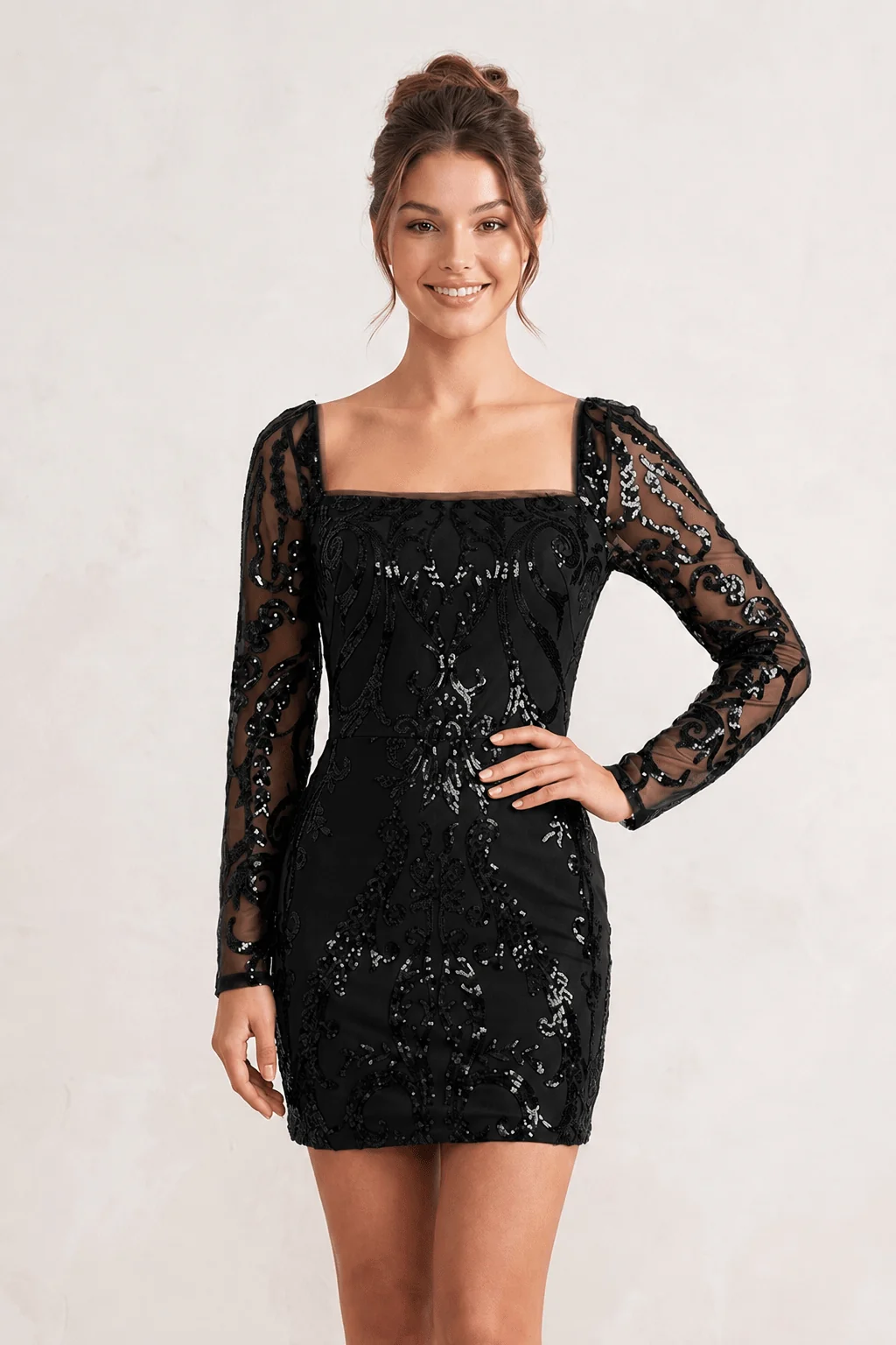 Royal Blue - Square Neck Sheath Long Sleeves Sequins Mini Homecoming Dresses