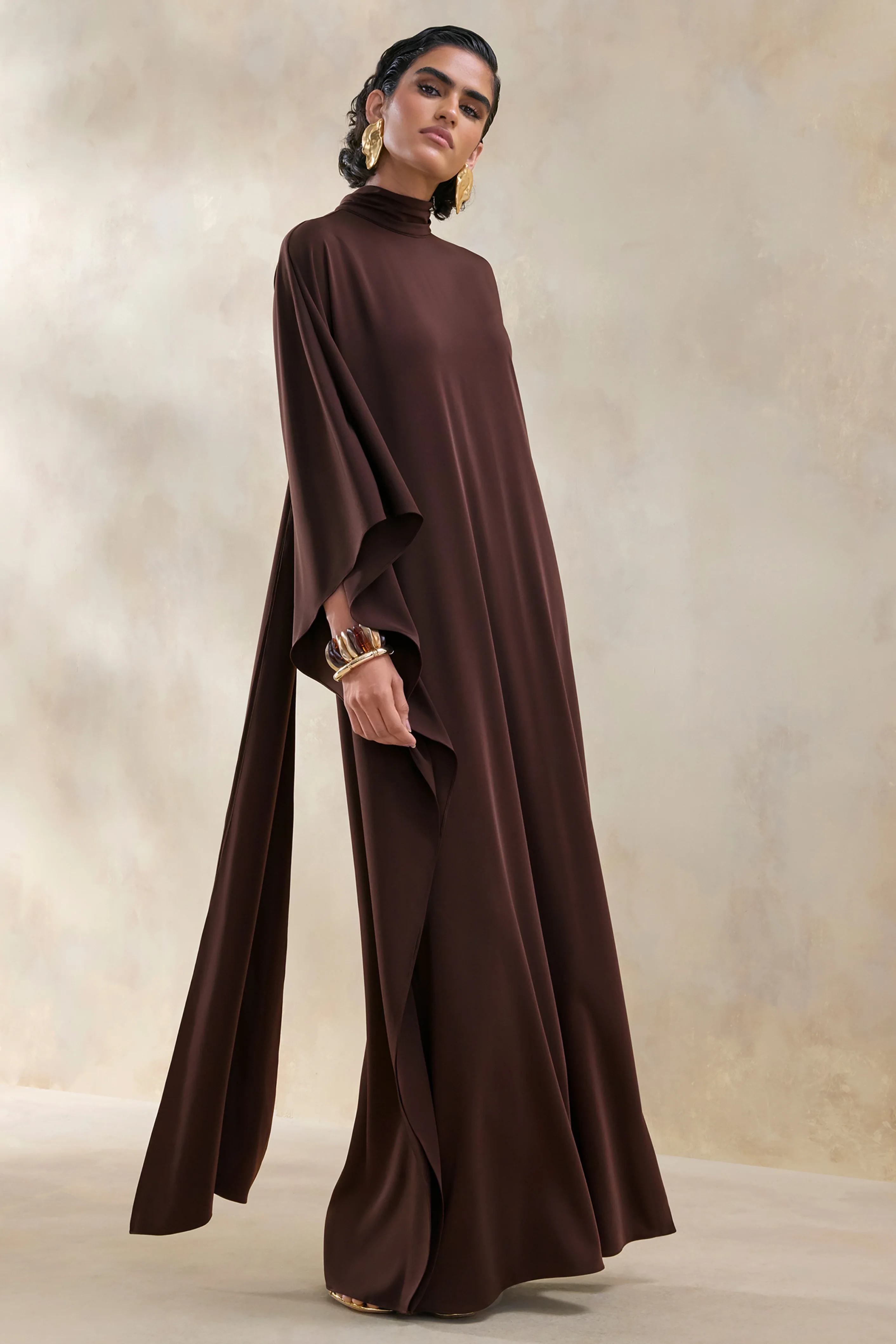 Lumisette | Brown Satin High-Neck Maxi Dress With Cape